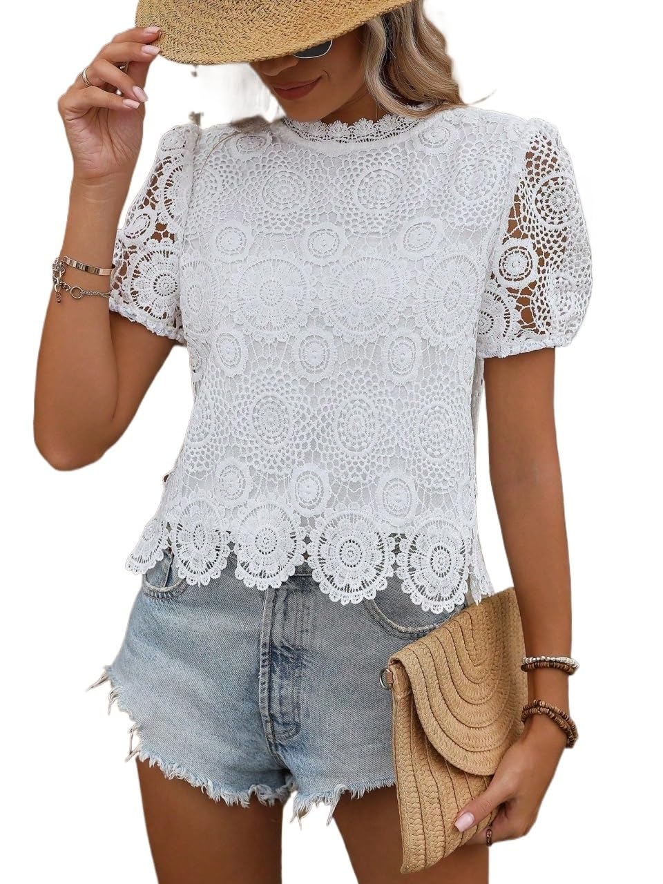 2024 Women's Summer Casual Short Sleeve Blouse - White Lace Puff Sleeve Top for Beach, Party & Office Wear