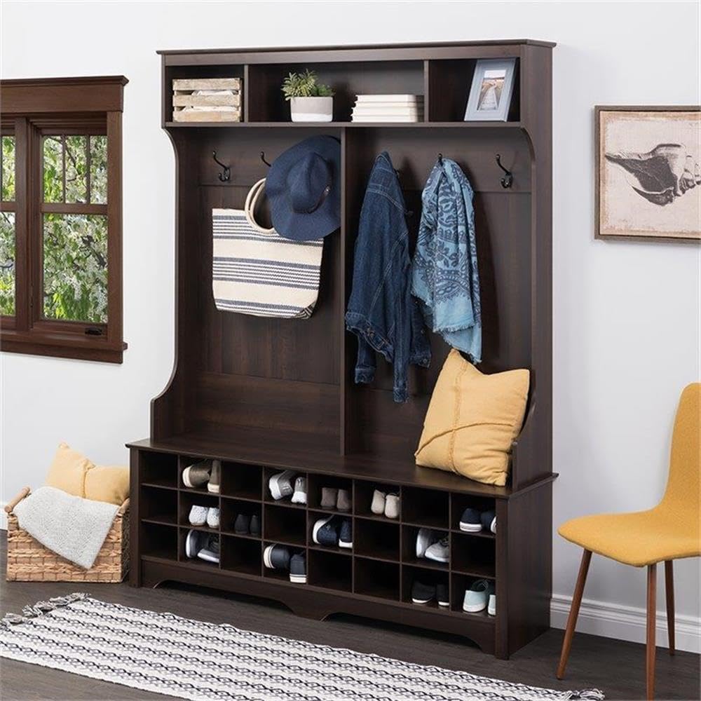 Prepac Brown Hall Tree Entryway Storage Cabinet - 24 Shoe Cubbies & 6 Double Coat Hooks - 15.5