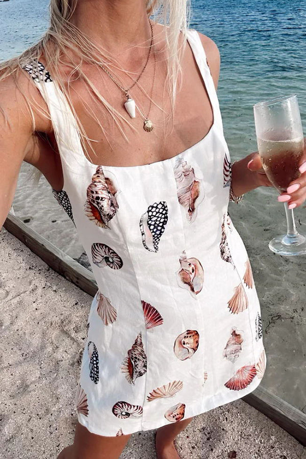Steph Linen Blend Shells Print Mini Dress with Elastic Back - Summer Beach Wear, Casual Outing, Boho Chic Style