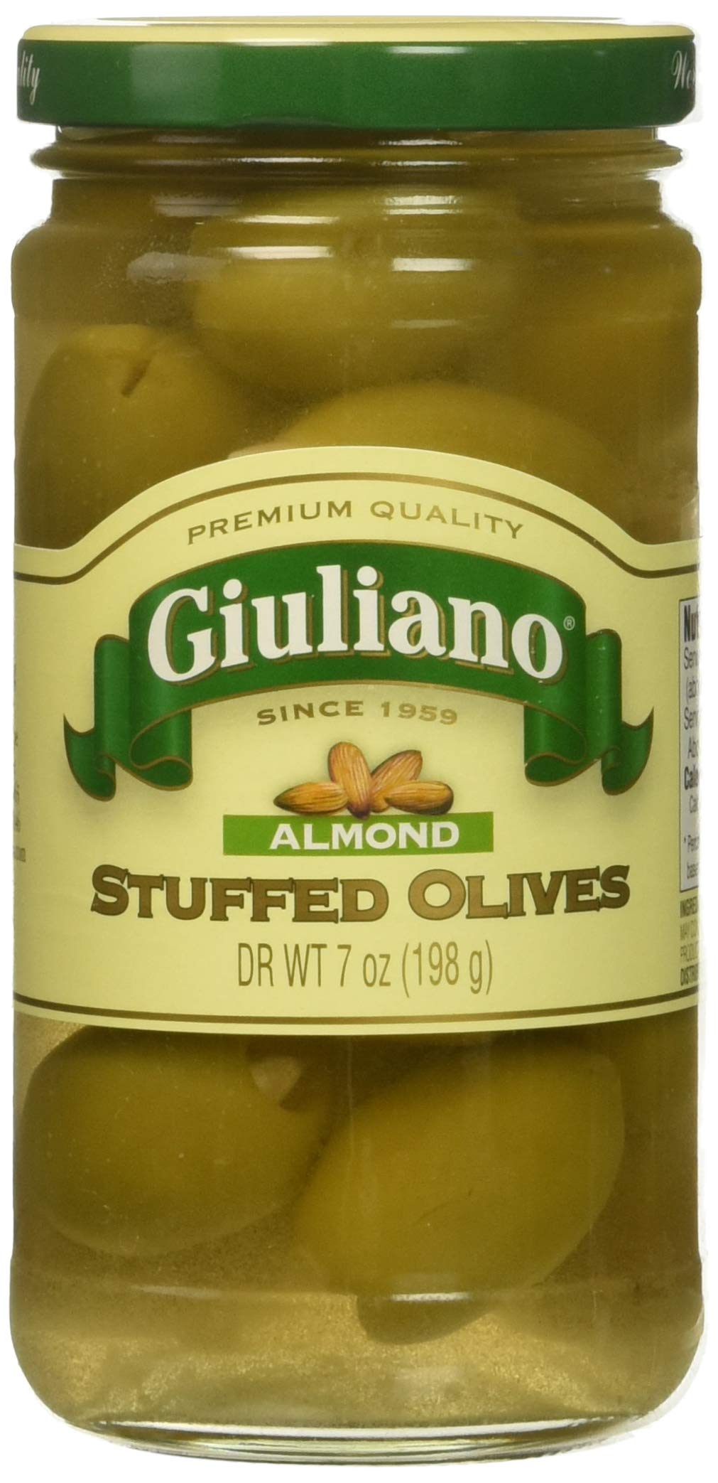 Premium Giuliano Almond Stuffed Olives - 7oz (Pack of 6) | Gourmet Mediterranean Snack, Charcuterie Board Essential & Party Appetizer | Perfect for Cocktail Parties, Wine Pairings & Healthy Snacking