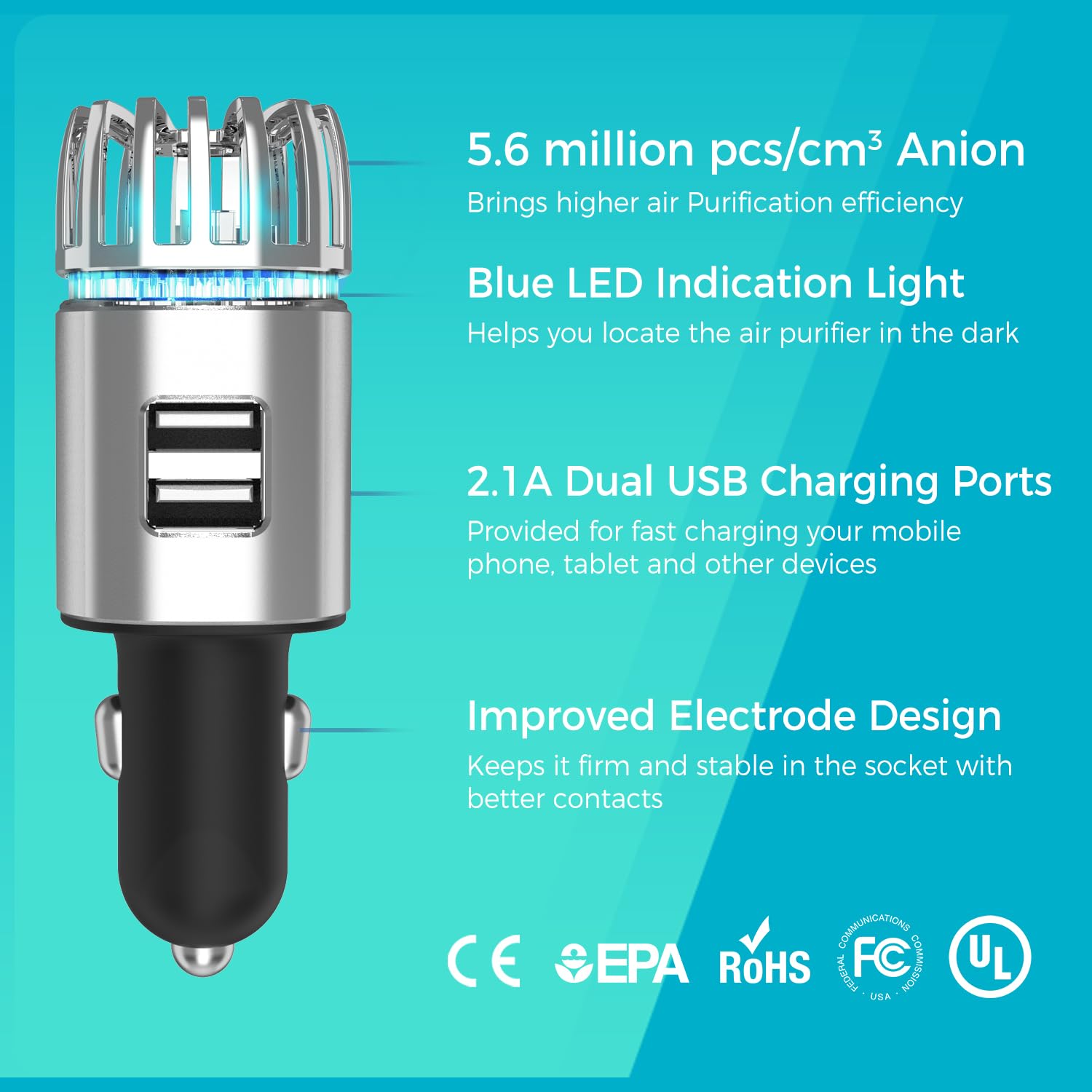 12V Car Air Purifier & Ionizer with Dual USB Fast Charger - Releases 5.6 Million Anions to Remove Dust, Smoke & Odors - Perfect for Road Trips & Commuting (Silver)