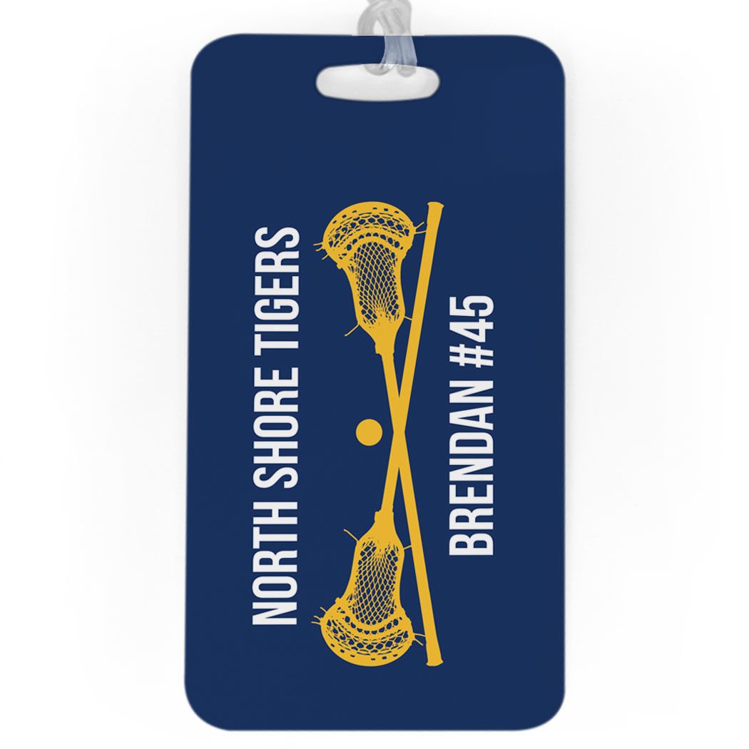 Personalized Guys Lacrosse Luggage Tag with Crossed Lax Sticks - Custom Text & Standard Lines - Large Navy & Gold Sports Bag Tag for Travel, Gym & Team Gear Identification