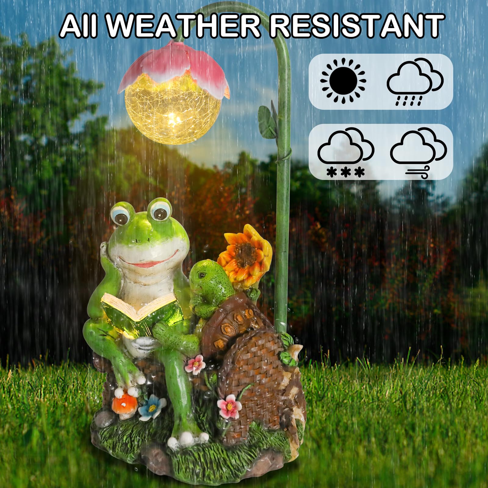 Solar Garden Statues - Frog & Turtle Reading Sculpture with LED Lights | Outdoor Decor for Patio, Balcony, Yard | Weather-Resistant Figurine Gift for Garden Lovers (Perfect for Evening Ambiance & Landscape Decoration)