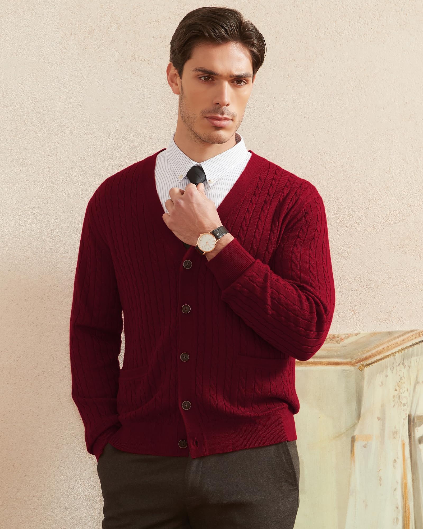 Kallspin Men's Wool Blend Cable Knit V-Neck Cardigan Sweater with Buttons & Pockets | Warm Winter Pullover for Office, Casual Outfits & Date Nights