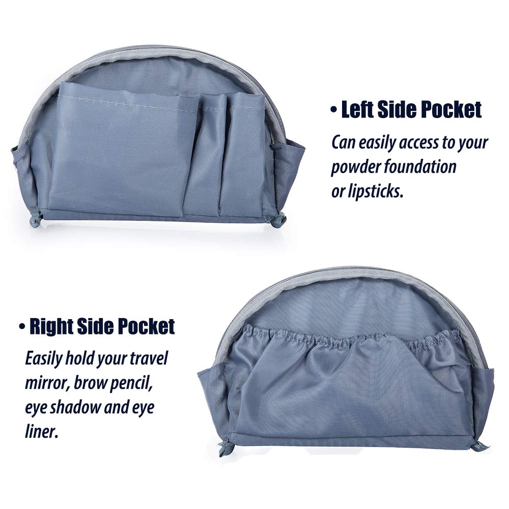 Hekyip Half Moon Cosmetic Bag for Women - Waterproof Travel Makeup Pouch Organizer with Zipper, Portable Grey-Blue Beauty Case for Purse, Gym, Vacation & Daily Use