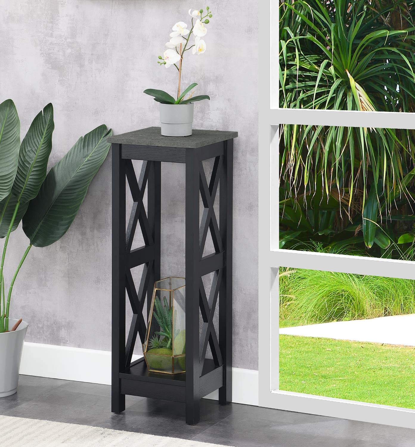 Convenience Concepts Oxford Tall Cement & Black Plant Stand - Indoor/Outdoor Flower Pot Holder for Home, Garden, Patio Decor