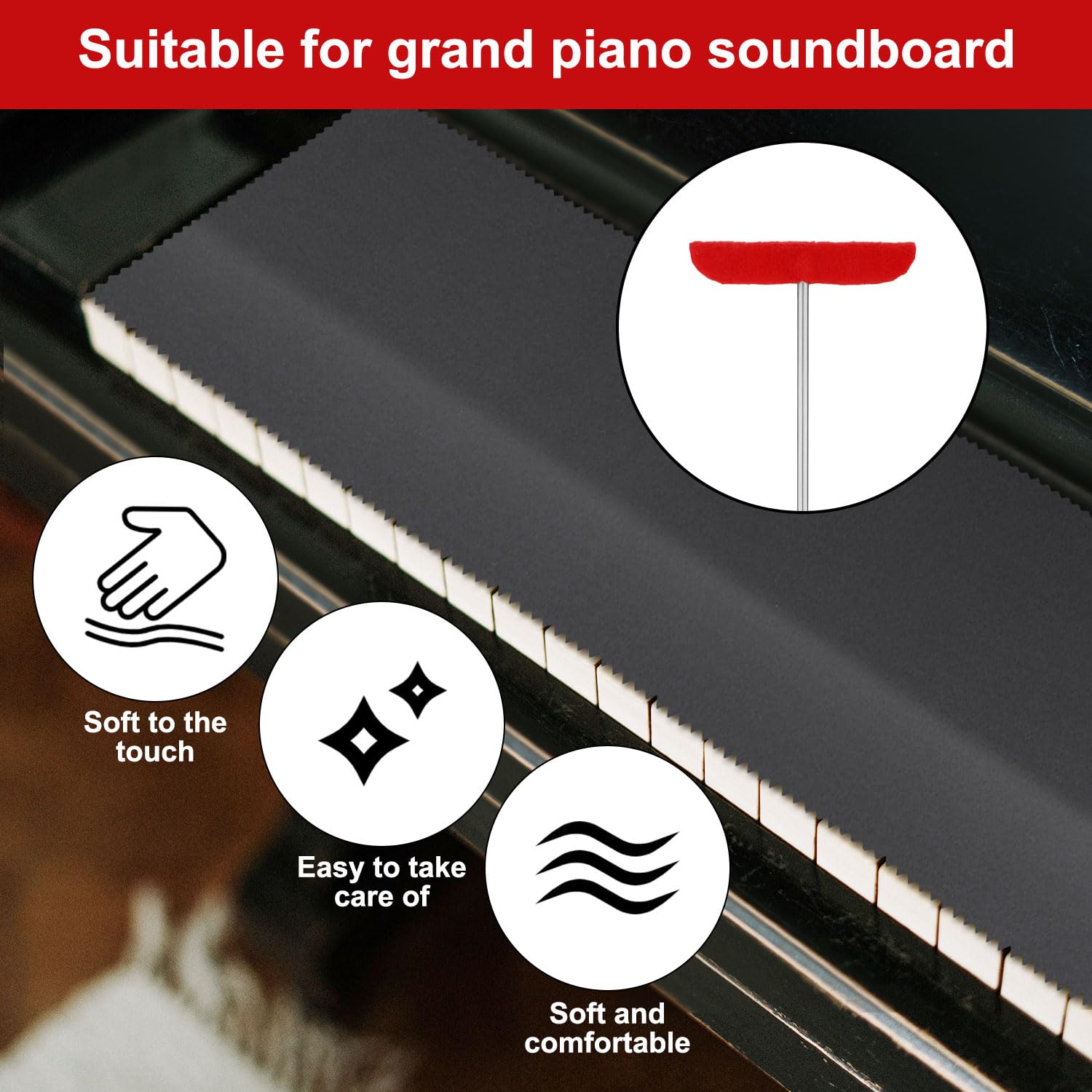 5-Piece Grand Piano Soundboard Cleaning Kit - Includes Large & Small Brush Heads, Extension Rod, Soft Fiber Polish Cloth & Dust Cover (Black) - Professional Piano Maintenance Tools for Home & Studio Use