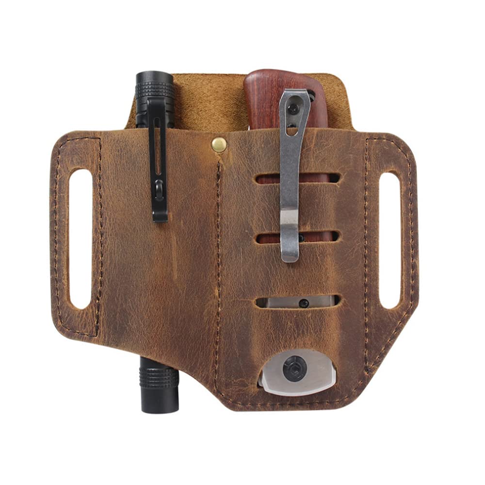 HAMANS EDC Multitool Belt Sheath - Leather Organizer for Flashlight & Tools with Pen Holder (2 Pockets) - Perfect for Outdoor, Camping & Everyday Carry (EDC) Accessories
