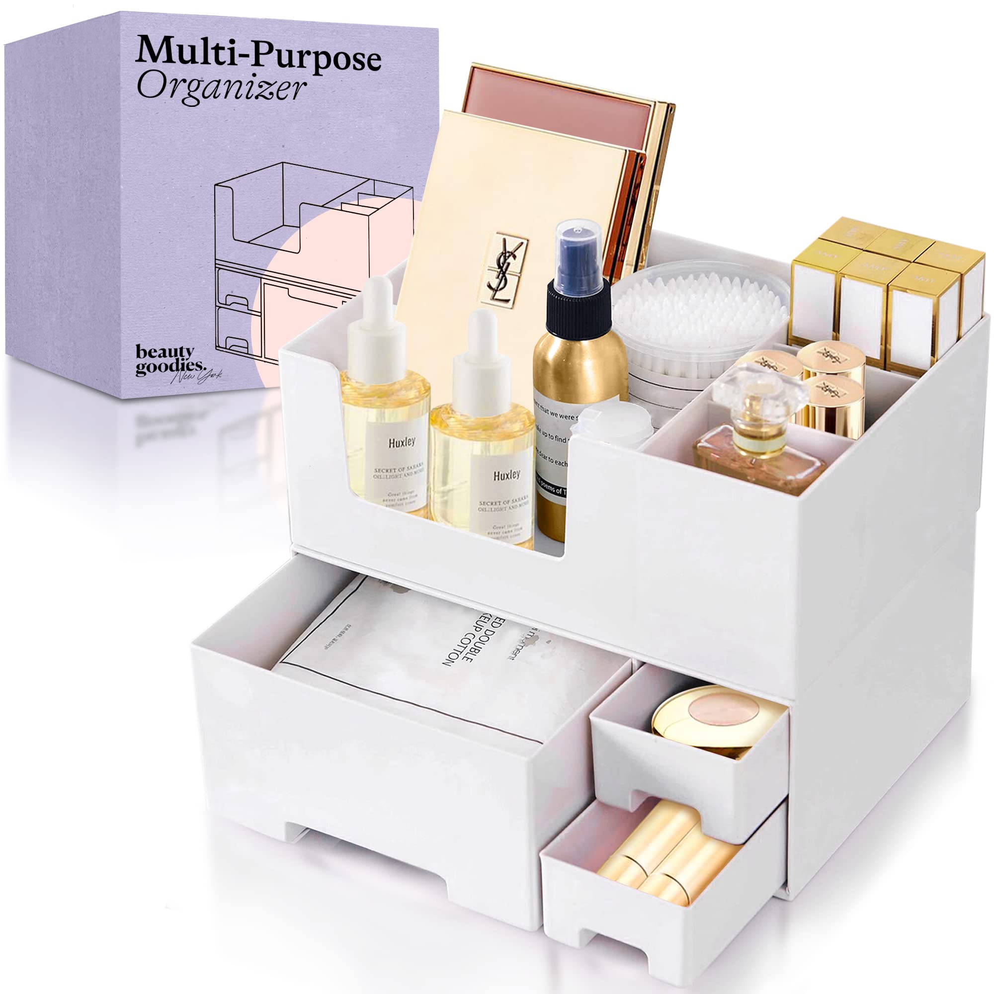 White Makeup Organizer Stand with Drawers - Cosmetic & Skincare Storage Vanity Organizer for Bathroom, Bedroom, and Travel | Makeup Brush Holder & Beauty Accessories Organizer