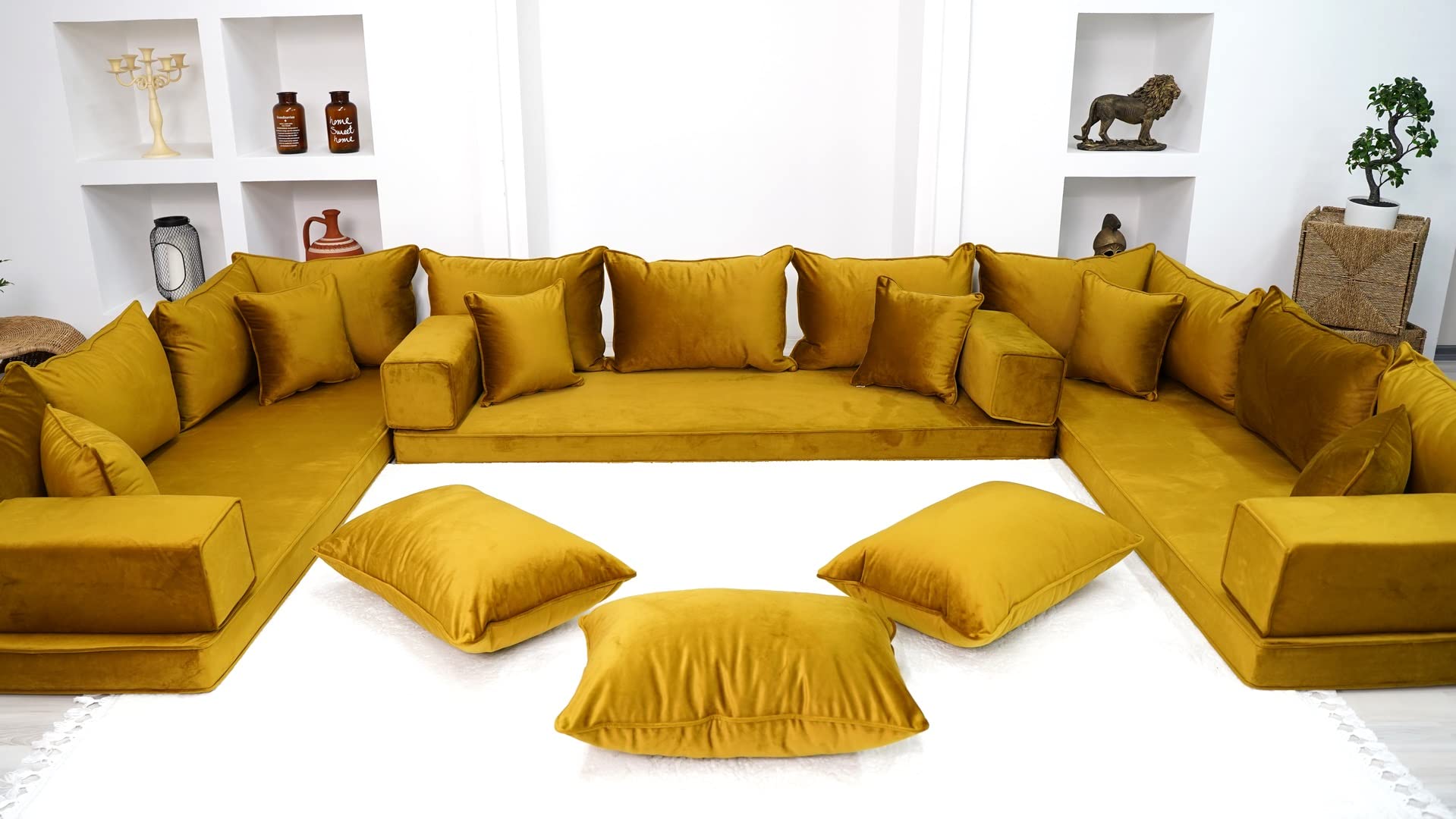 Luxury Gold Velvet Floor Sofa Set - U-Shaped Sectional Couch with Pillows | Modern Moroccan Style Arabic Seating for Living Room | Home Decor & Lounge Furniture for Small Spaces, Meditation Areas & Boho Chic Interiors