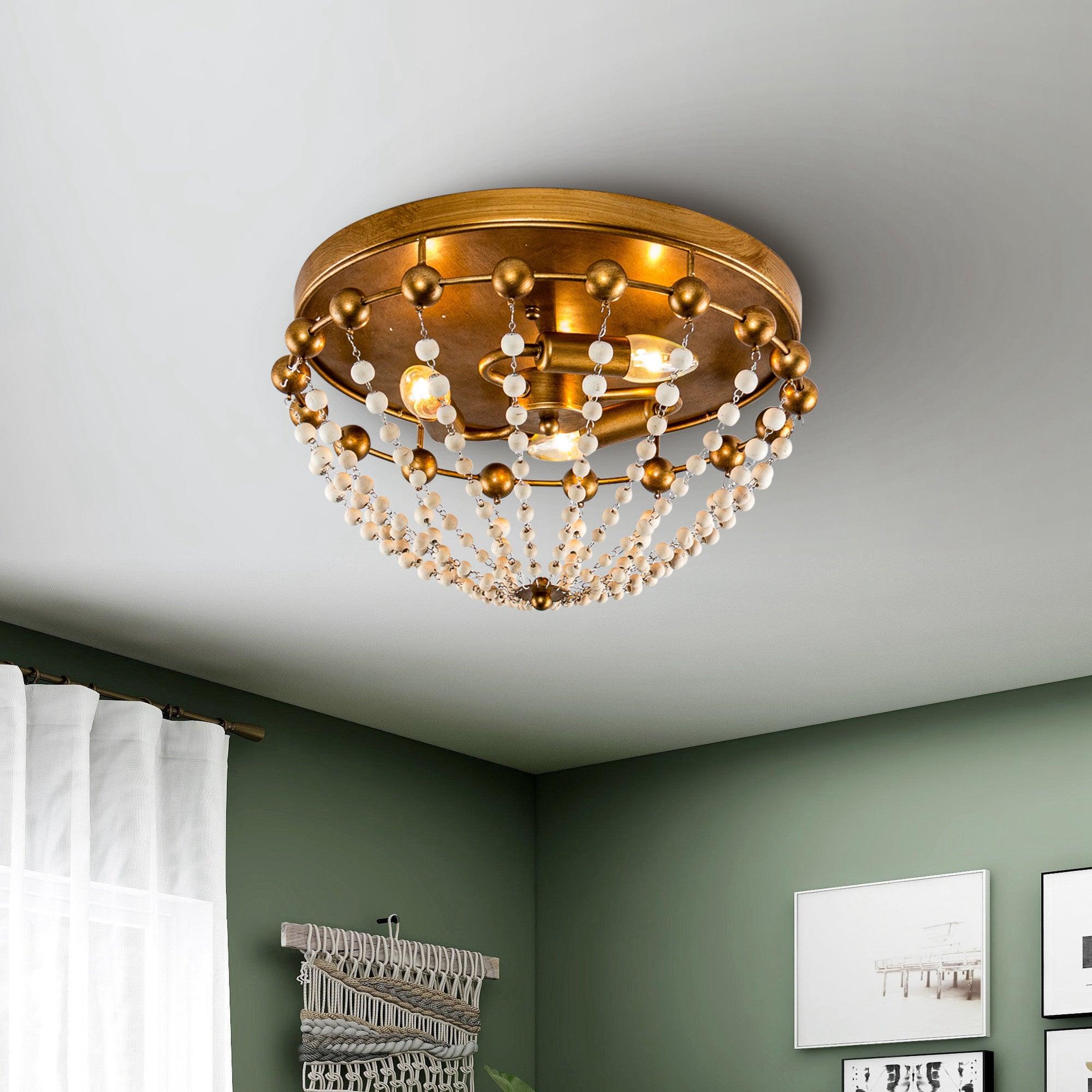 3-Light Golden Bohemian LED Flush Mount Ceiling Light - Modern & Stylish Lighting for Living Room, Bedroom, or Dining Area