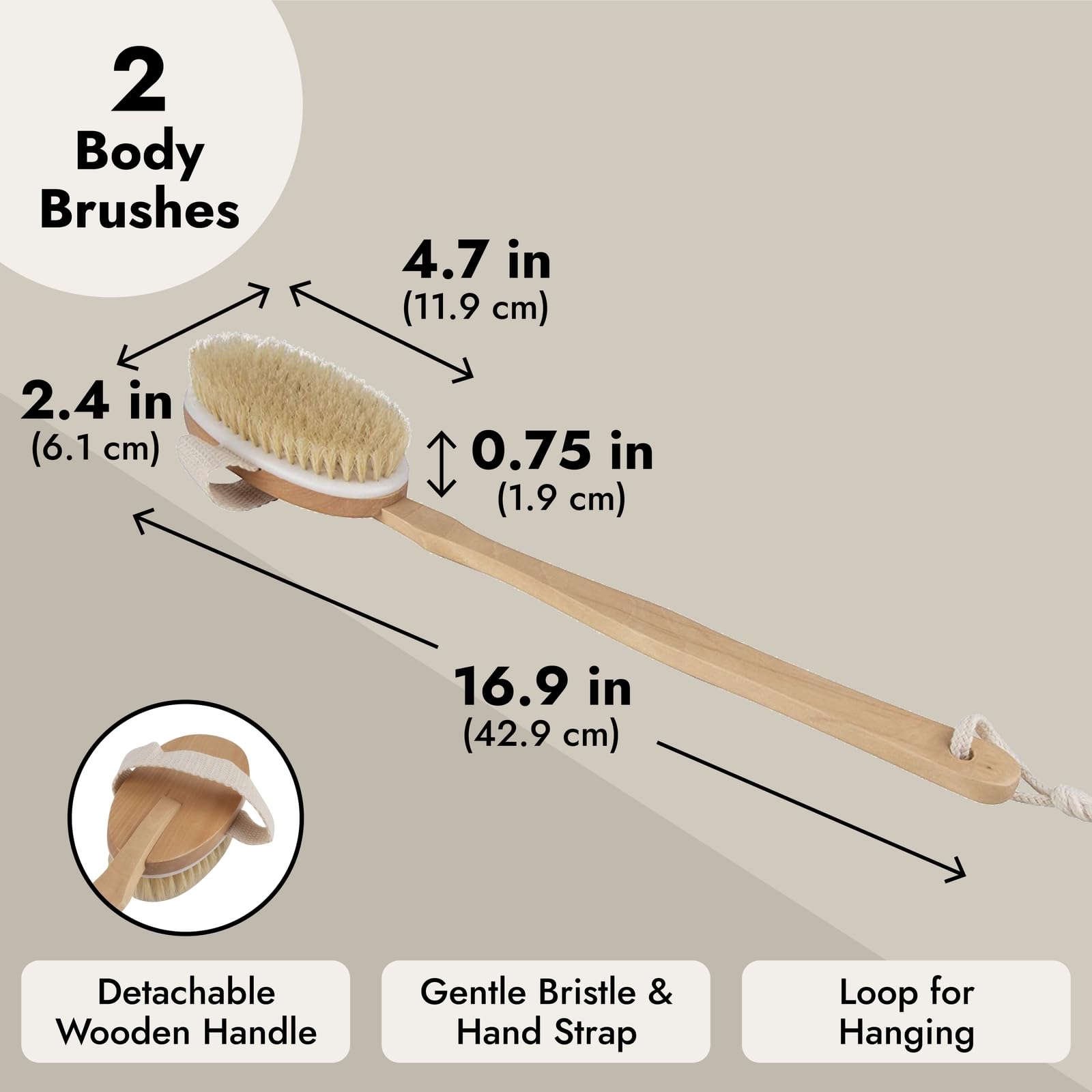 Juvale 2-Pack Detachable Dry Brushing Body Brush with Long Handle - Exfoliating Back Brush for Shower, Lymphatic Drainage & Skin Care, 16.9 Inches - Perfect for Home Spa & Self-Care Routine