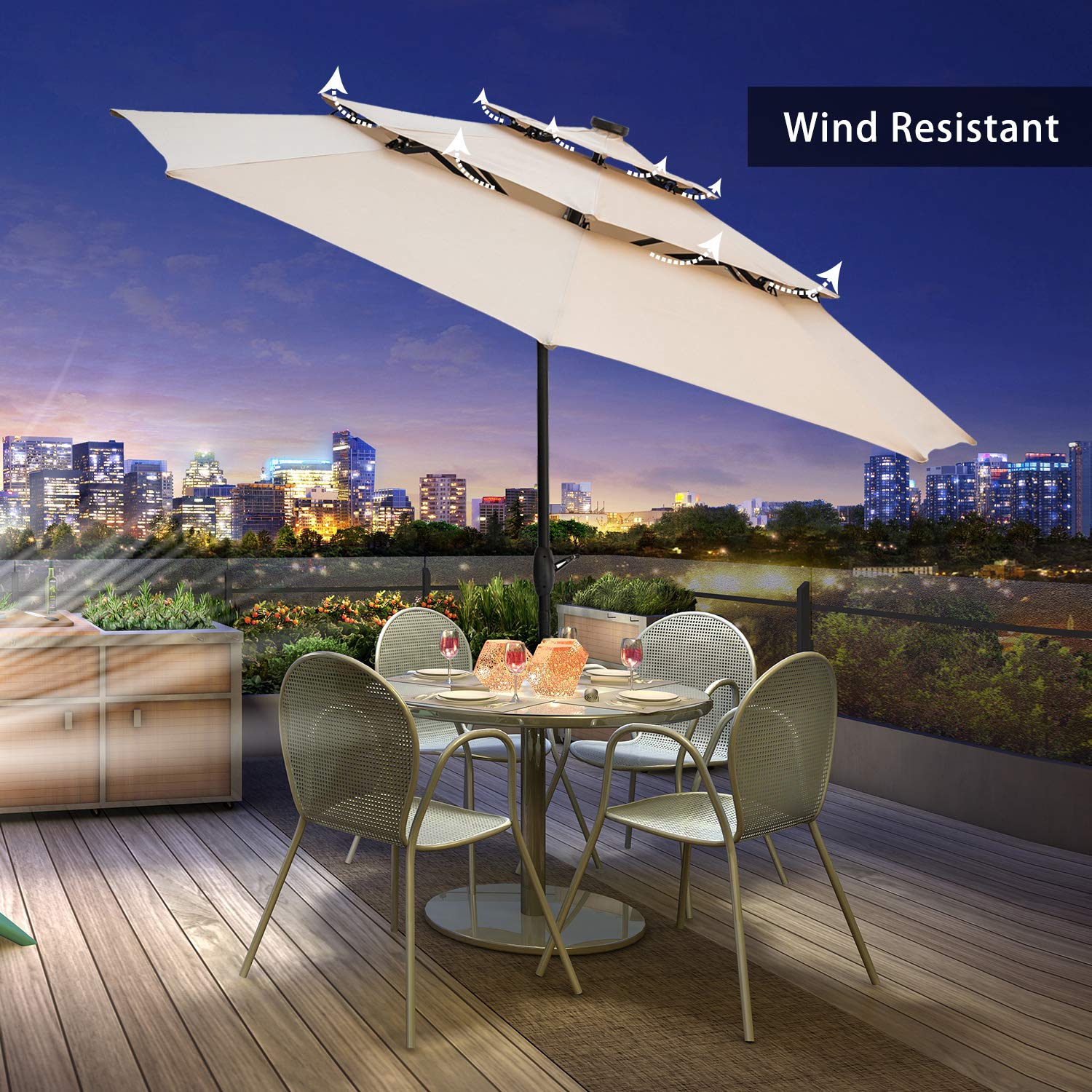 10FT 3-Tier Windproof Patio Umbrella with LED Lights - Waterproof Outdoor Market Umbrella with Tilt & Crank for Garden, Poolside, Restaurant (Khaki)