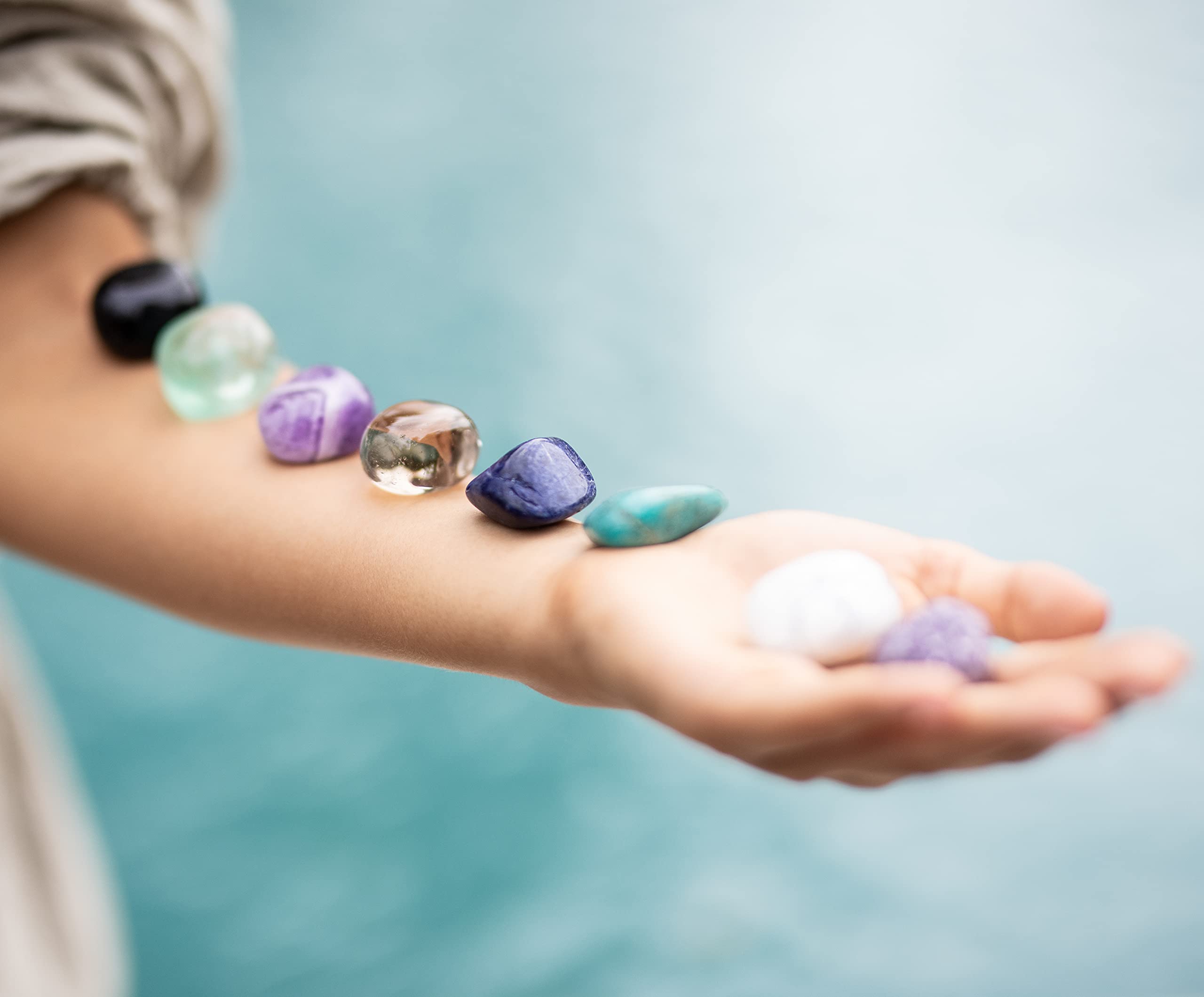 CRYSTALYA Large Healing Stones Set - Amethyst, Lepidolite, Fluorite, Smoky Quartz, Selenite for Stress Relief & Anxiety | Wooden Gift Box with Sage & 50pg Ebook | Meditation, Yoga, Home Decor, Spiritual Healing Gifts