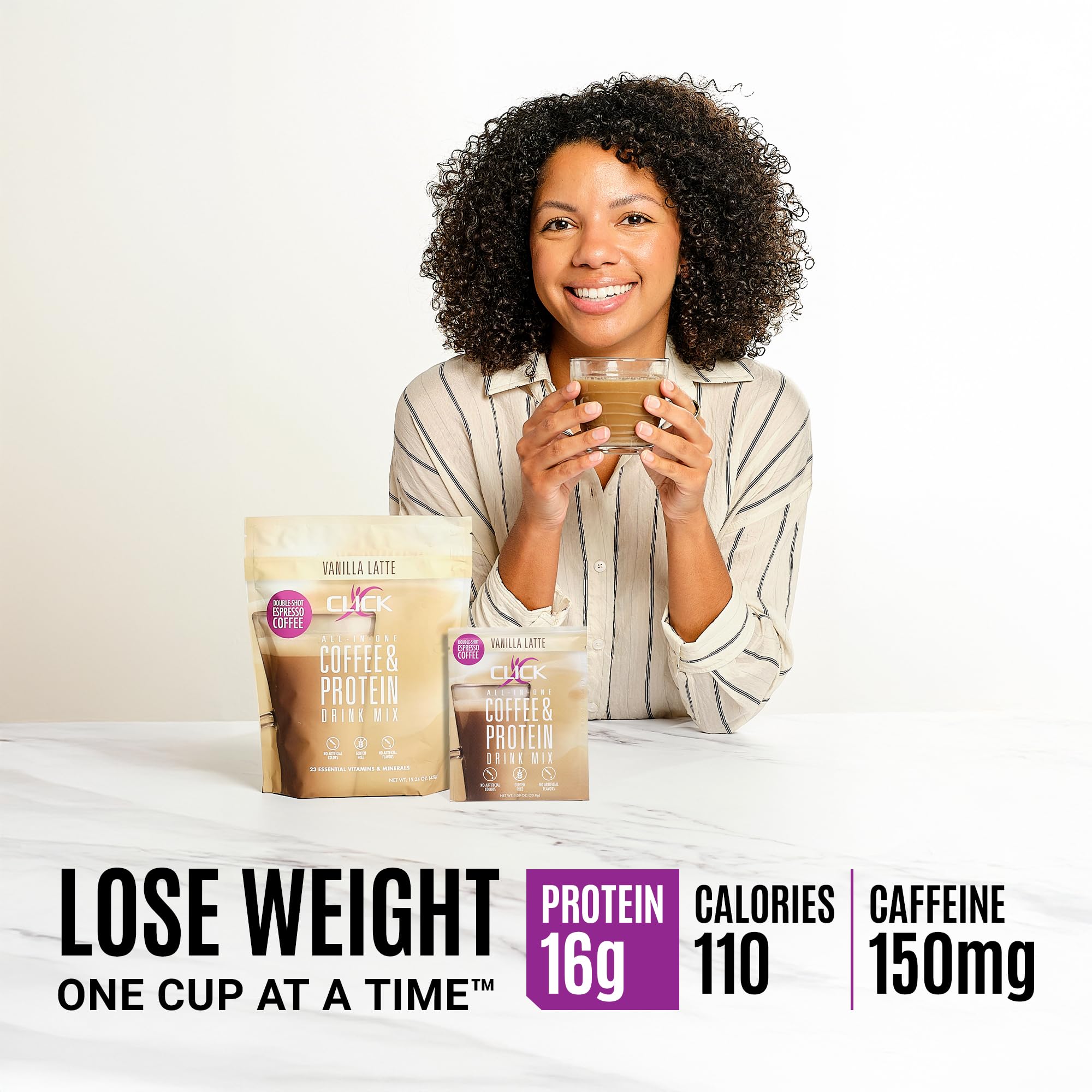 Click Coffee Protein Powder - Double Shot Espresso with 16g Protein & 23 Vitamins | Low Calorie Meal Replacement Shake | 150mg Caffeine, Gluten Free, No Artificial Flavors | Vanilla Flavor | Perfect for Post-Workout Recovery & Busy Mornings