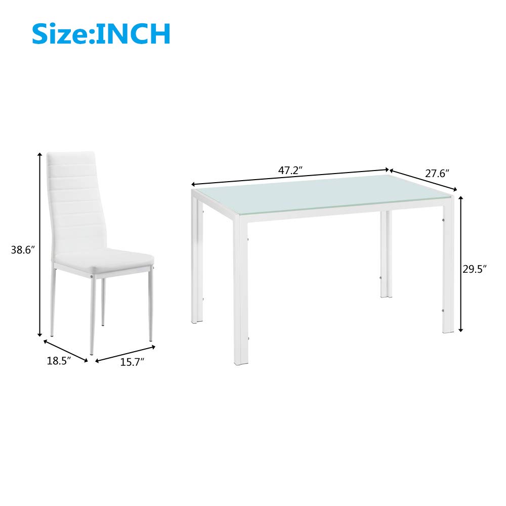 5-Piece Modern Glass Dining Table Set with 4 PU Leather Chairs - White Rectangle Kitchen & Dining Room Furniture for 4 People | Perfect for Small Spaces, Apartments, and Family Gatherings