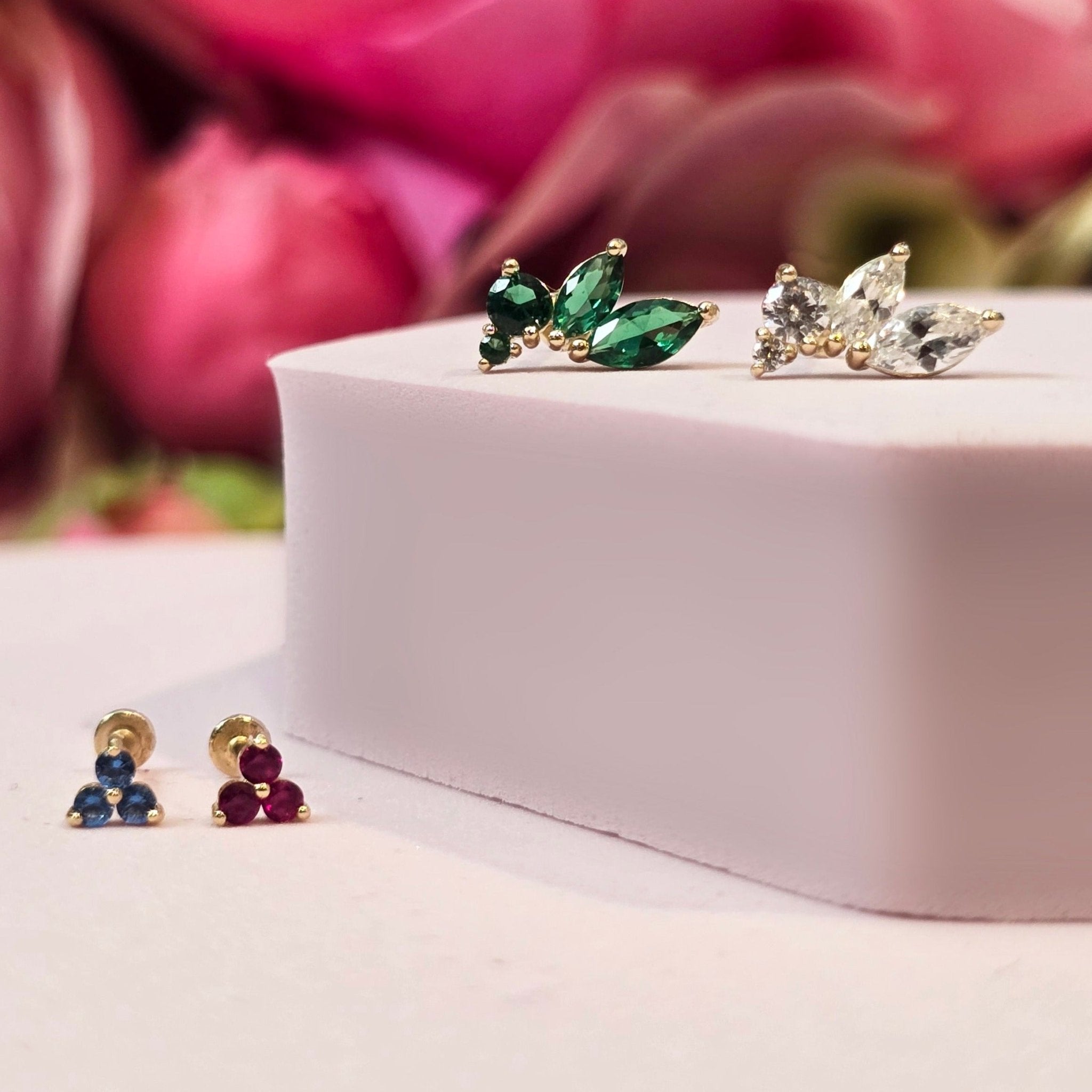 14K Yellow Gold Marquise Green Emerald Stud Earrings – Dainty Wing Flat Back Design for Women, Perfect for Weddings, Parties & Everyday Wear