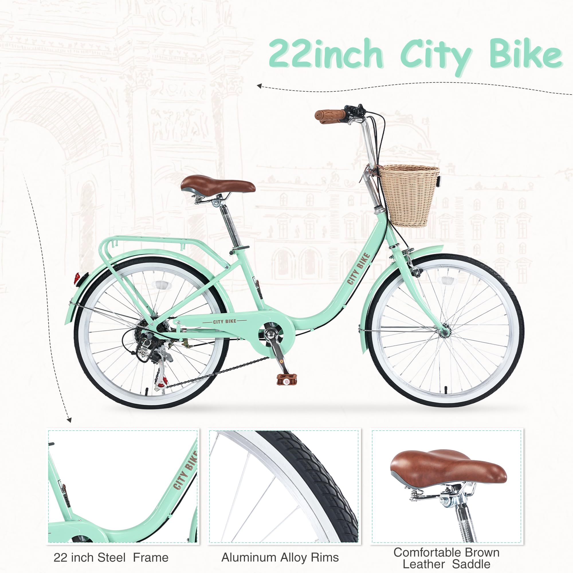 22/26 Inch Women's Beach Cruiser Bike - 7-Speed Hybrid Commuter Bicycle for Women & Men, Perfect for City Riding & Leisure - Available in 4 Colors | Ideal for Daily Commute, Weekend Rides & Beach Outings