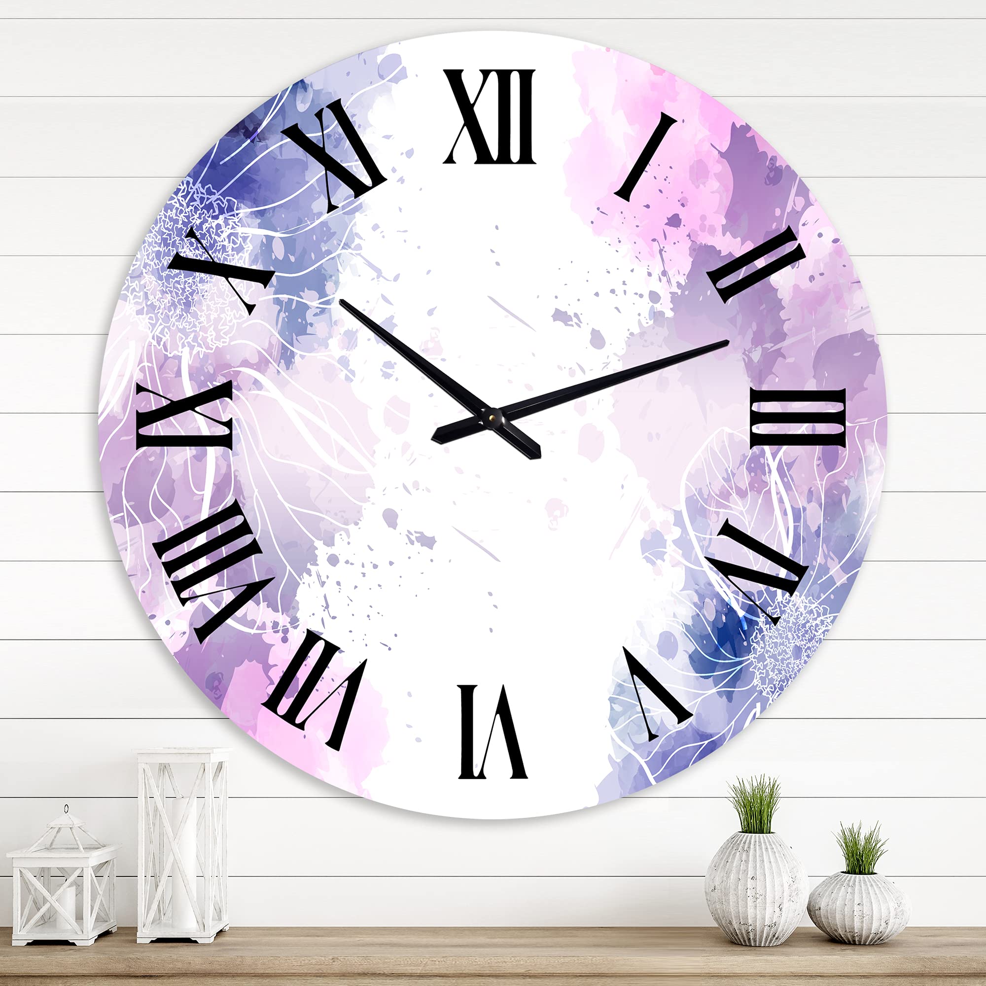 DesignQ Modern Abstract Wall Clock - Purple & Pink with Colorful Splashes | Large Fractal Art Clock for Kitchen, Living Room & Office Decor | Perfect for Home & Workspace