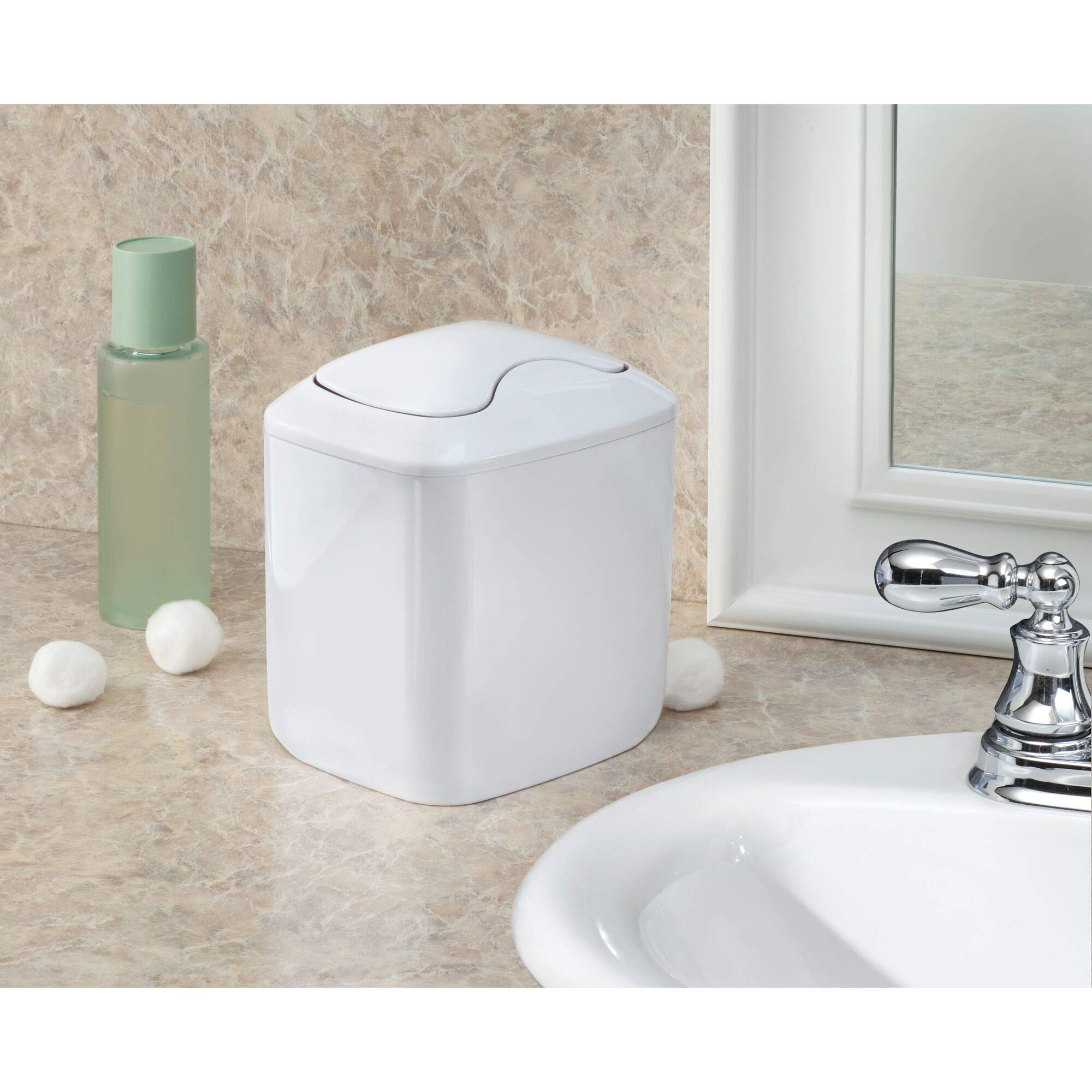 iDesign Una Vanity Countertop Wastebasket Trash Can - White | Small Bathroom Garbage Bin for Makeup Cotton Pads & Beauty Products | Perfect for Vanity, Dressing Table & Bedroom Organizer