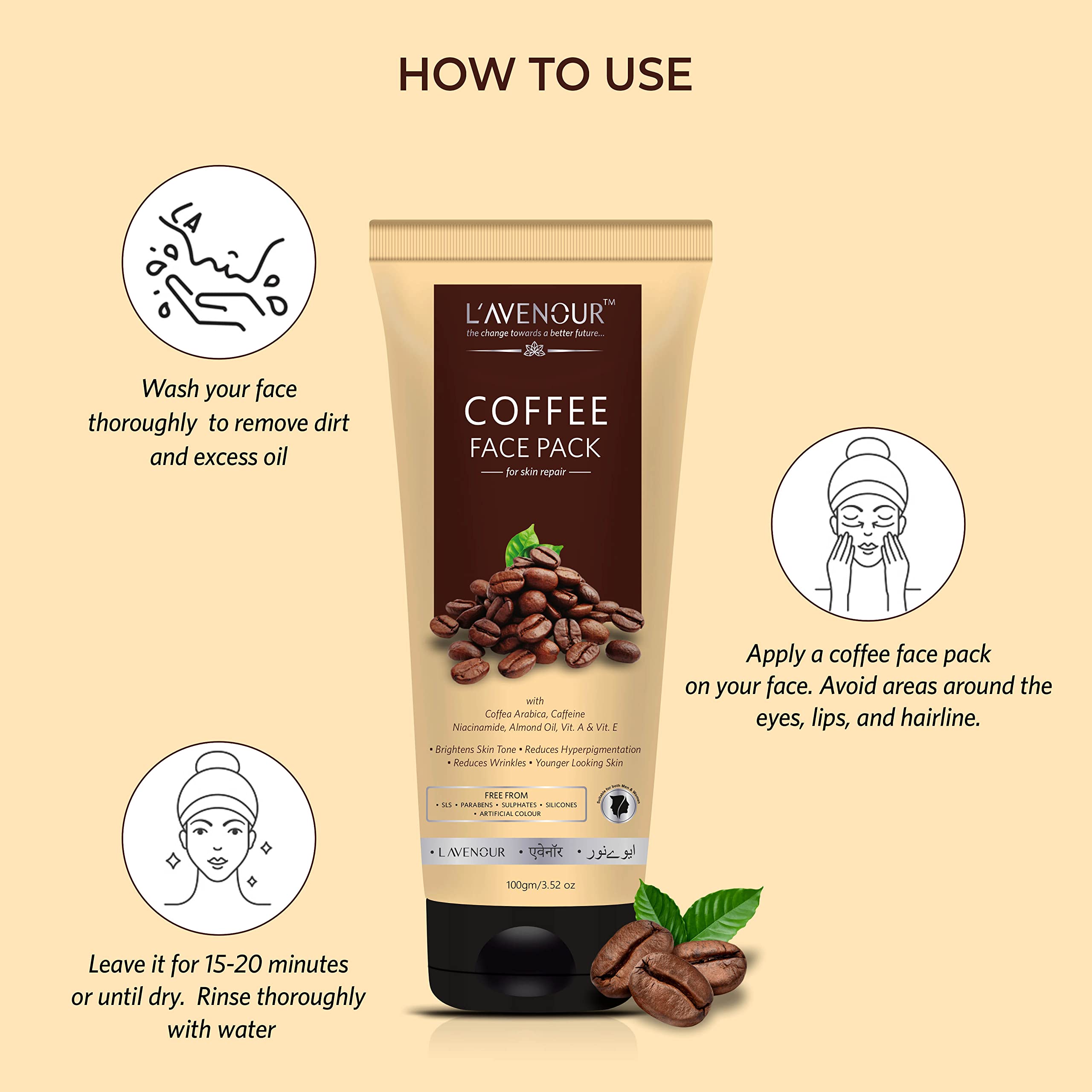 L'avenour Brightening Coffee Face Pack for Glowing Skin - Reduces Wrinkles & Hyperpigmentation, 100g | Natural Skincare for Daily Use & Spa Treatments