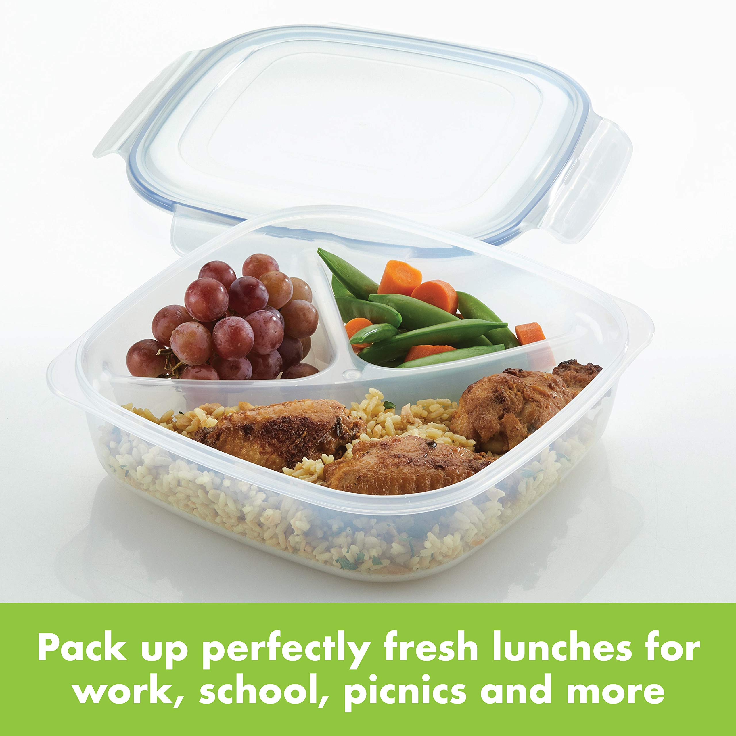 LocknLock 50-Ounce 3-Compartment Square Lunch Box - BPA-Free Food Storage Container for Meal Prep, Office Lunch & Picnics - Clear Plastic Divided Container for On-the-Go Meals