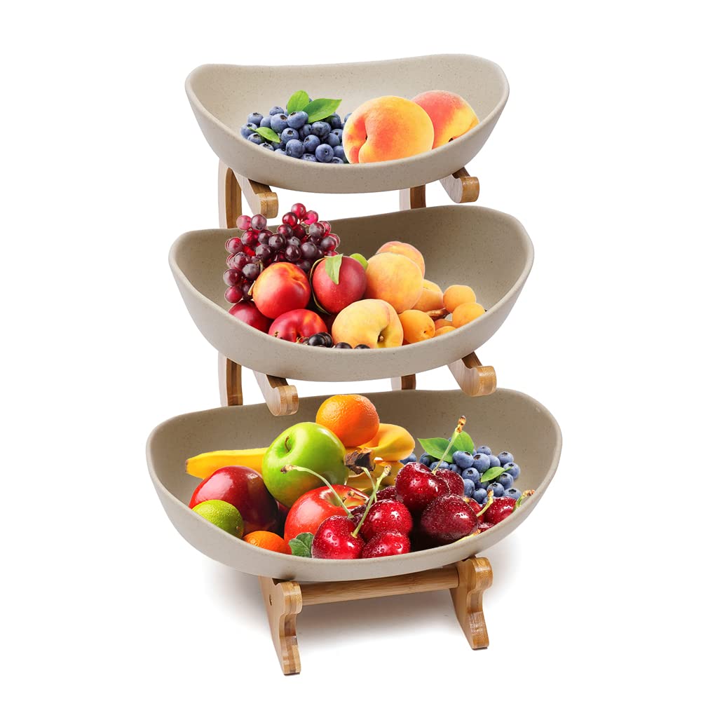 3-Tier Ceramic Fruit Basket Bowl Set - Oval Serving Bowl for Fruits, Vegetables, Snacks, Candy & Sushi Display | Perfect for Kitchen Counter, Dining Table, Party Buffet & Home Decor (Brown)