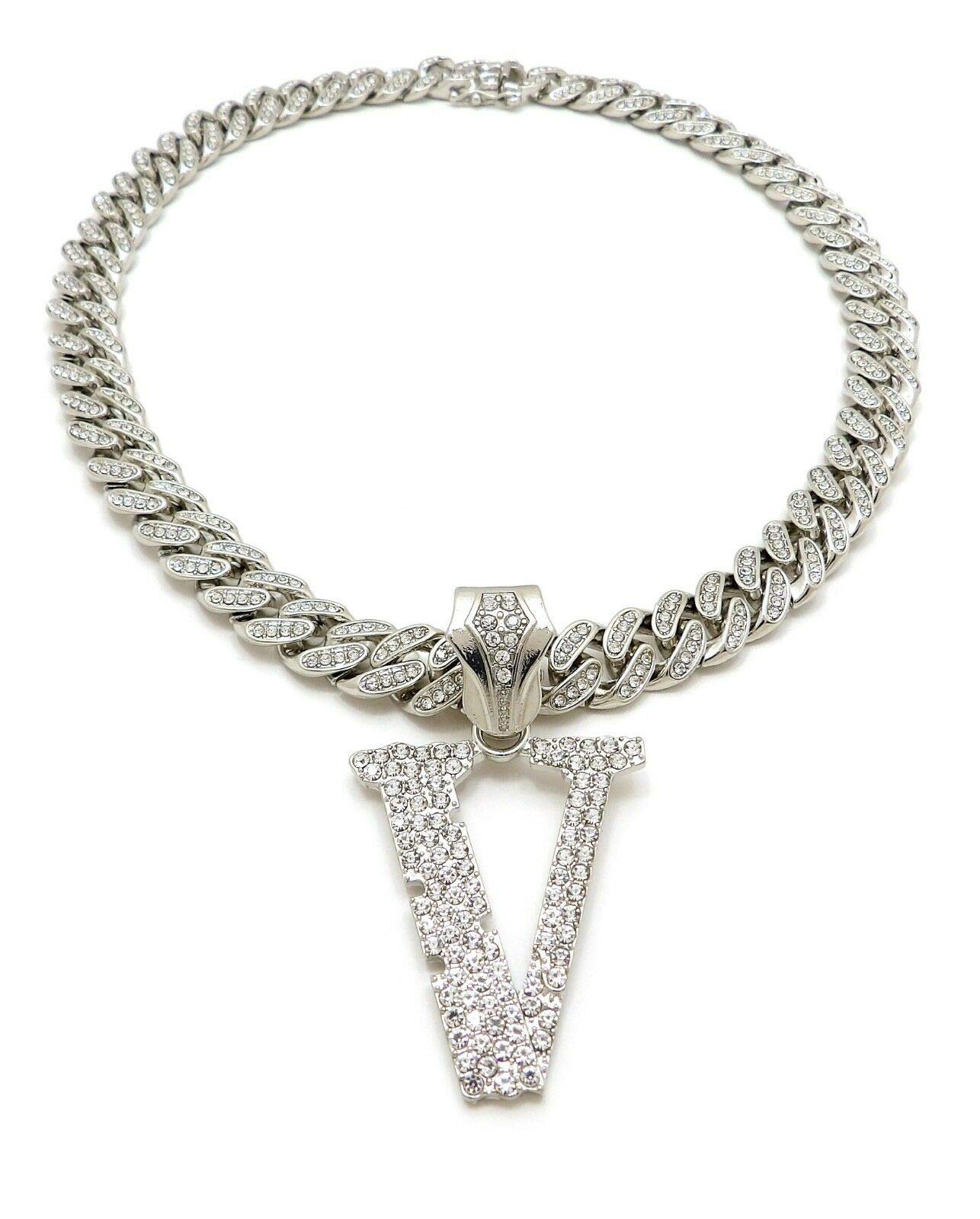 Hip Hop White Gold PT V Pendant & 18