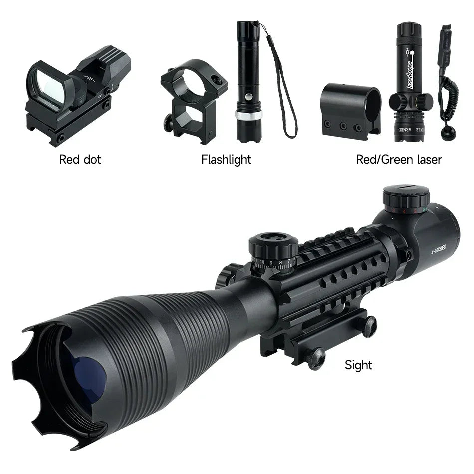 4-16x50 Tactical Rifle Scope with Red/Green Laser & Flashlight - Long Range Shooting Optic Sight with Red Dot for Hunting | Perfect for Outdoor Adventures, Target Practice & Night Hunting