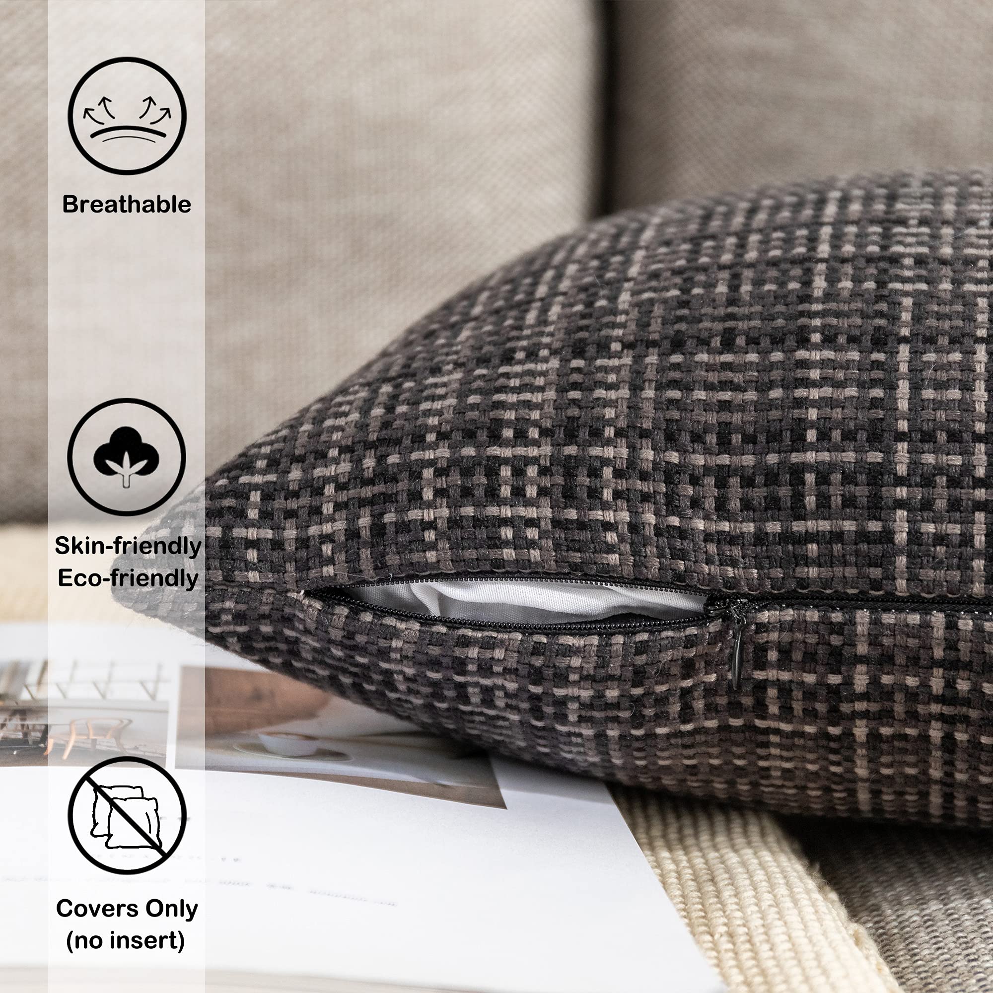 Kevin Textile 2-Pack Waterproof Outdoor Throw Pillow Covers - 20x20 Inch Stripe Square Decorative Cushion Cases for Patio, Couch, Bench - Weatherproof & UV Resistant - Perfect for Garden, Poolside & Outdoor Furniture (Black)
