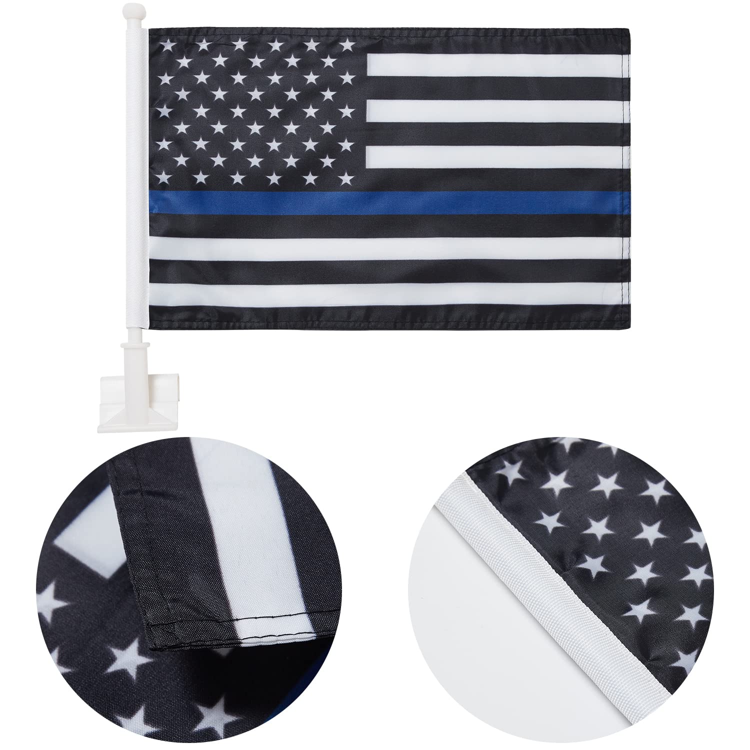 2 Pack Thin Blue Line USA Police Car Flags with Poles - Durable Outdoor American Policemen Flags for Cars, Trucks, and Parades