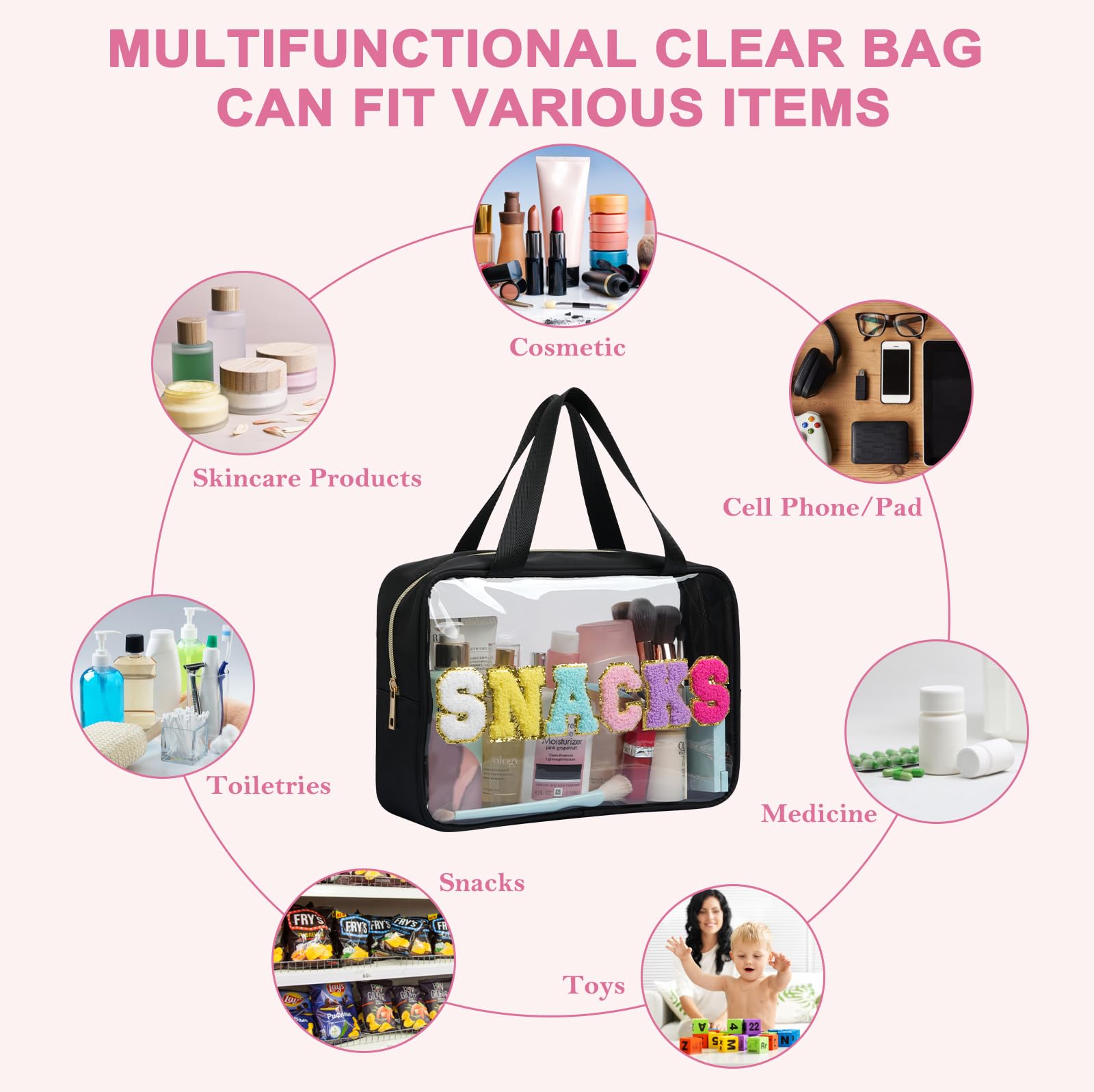 Yowivon Large Waterproof Clear Tote Bag with Zipper & Handle - Preppy Snack Bag for Travel, Beach, Camping, Business Trips, Sports & Stadium Events - Perfect for Snacks, Swim Gear & Essentials (Black, Large)