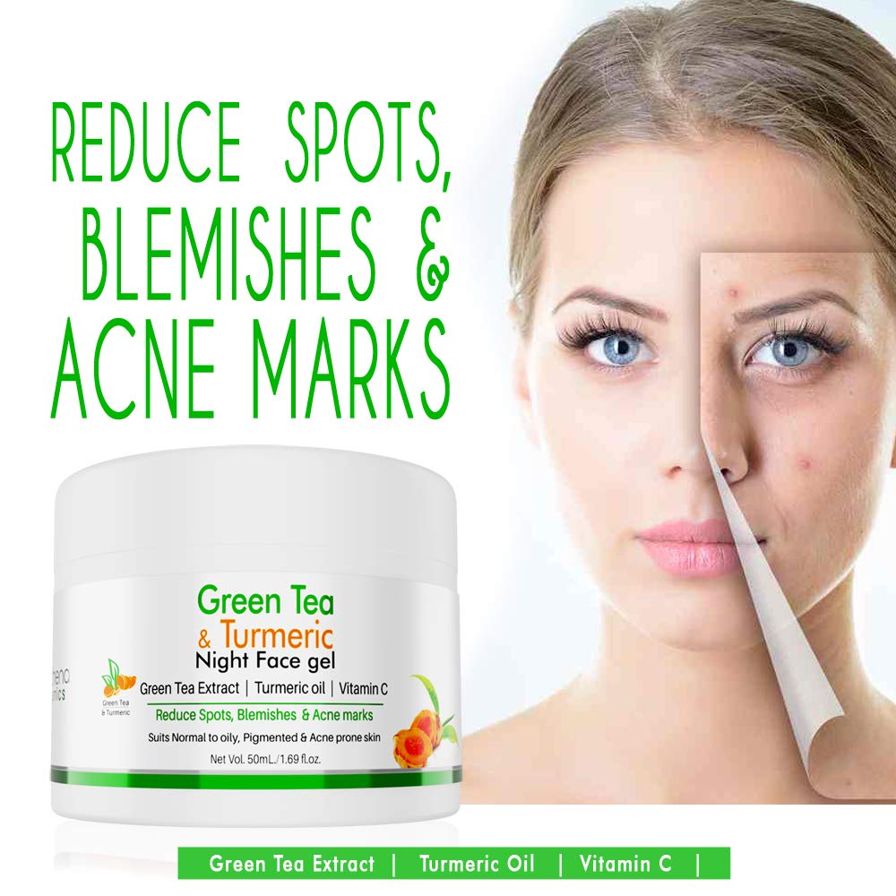 Volamena Green Tea, Turmeric & Vitamin C Night Face Gel - 50ml for Reducing Spots, Blemishes & Acne Marks | Brightening & Anti-Aging Skincare | Perfect for Nighttime Routine & Sensitive Skin Care