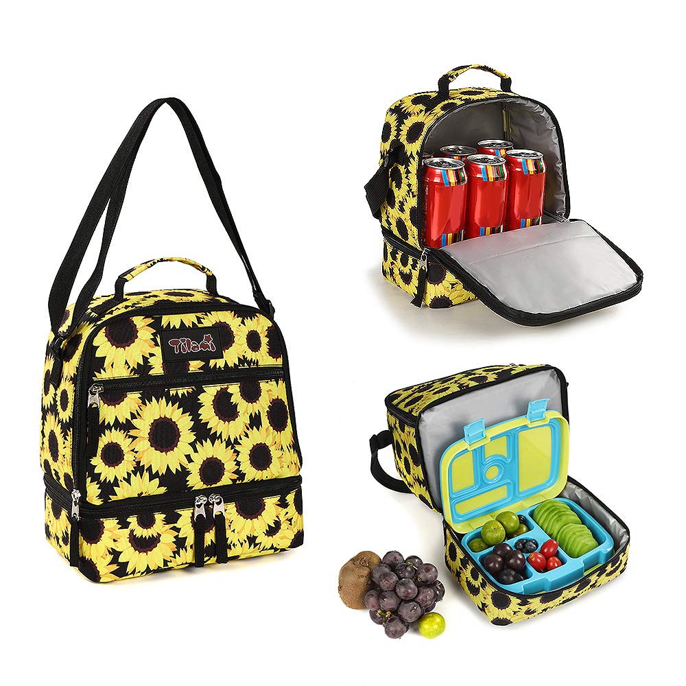 Insulated Lunch Bag with Adjustable Strap & Zipper - 2 Compartment Cooler Bag for Kids & Toddlers - Bento Box Carrier - Sunflower Design - Perfect for School, Picnics & Outdoor Activities