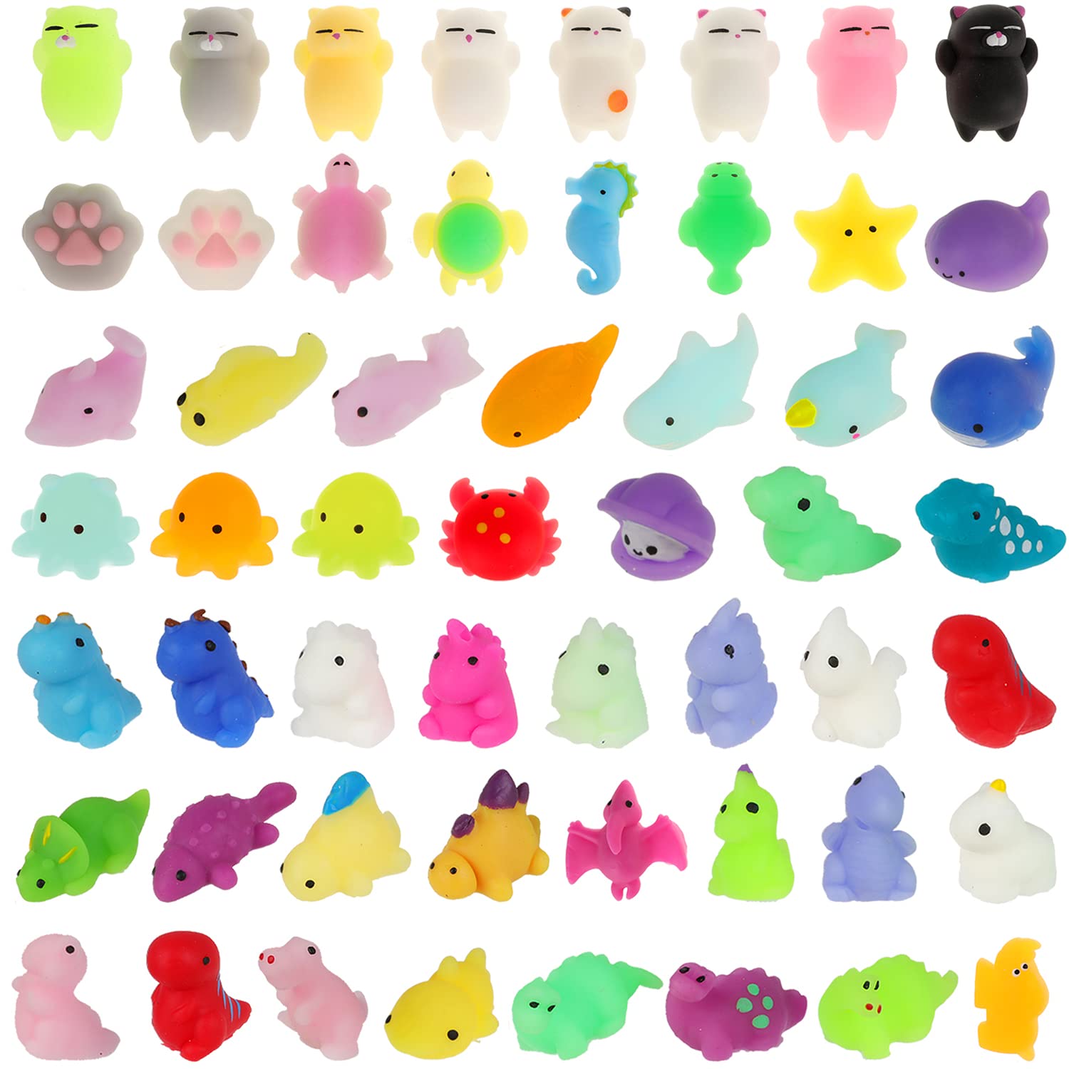 54 Pack Mochi Squishy Toys - Dinosaur, Cat & Sea Animal Stress Relief Toys for Kids | Party Favors, Classroom Prizes, Goodie Bag Stuffers | Perfect for Birthday Parties, Christmas Gifts & Anxiety Relief