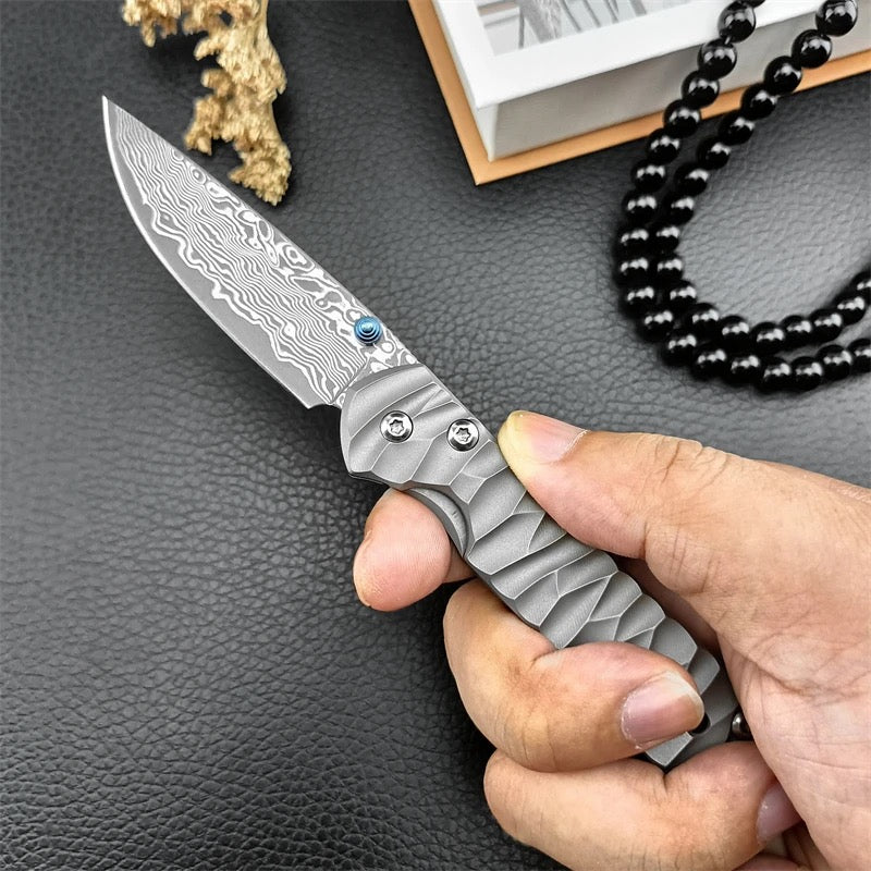 Premium Japanese Damascus VG10 Steel EDC Pocket Knife - Titanium Handle & Sheath - Perfect for Camping, Hiking, Survival & Everyday Carry (EDC)