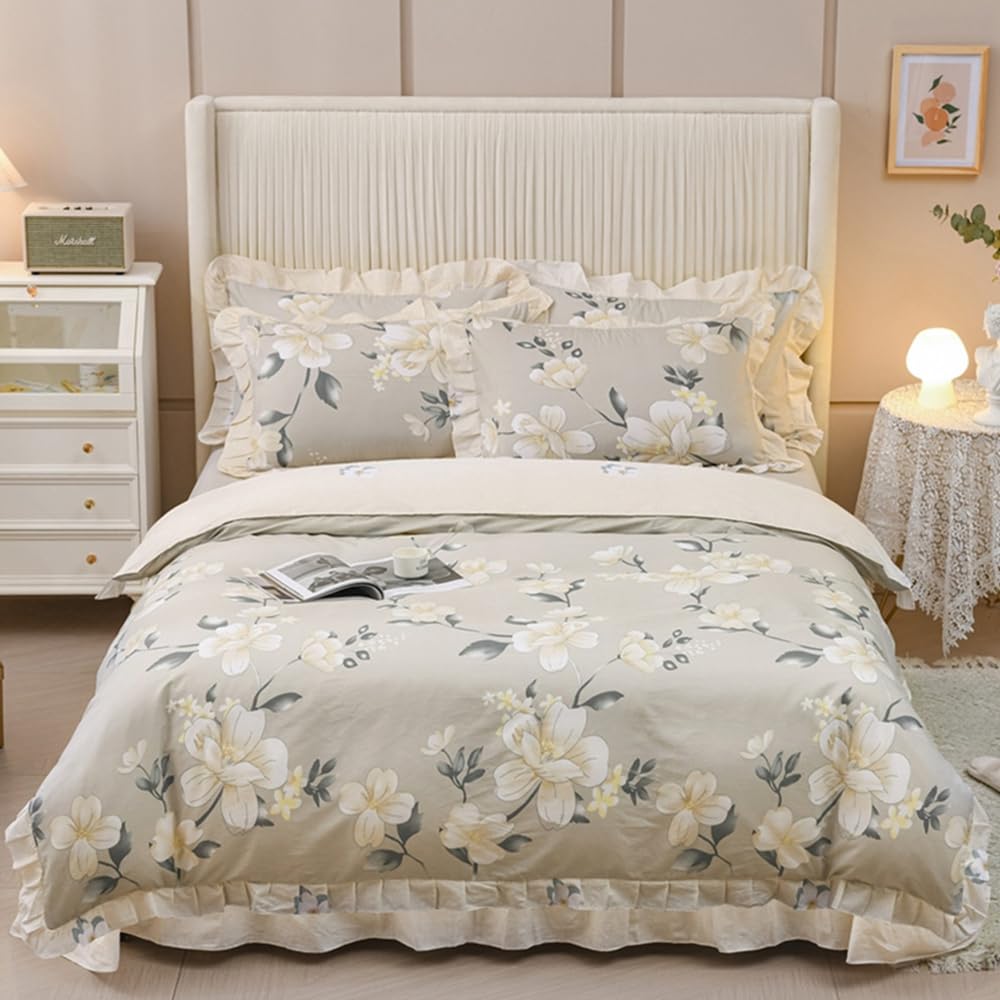 4-Piece 100% Cotton Magnolia Blossom Bedding Set Queen Size - Floral Duvet Cover, Shams & Bed Skirt for Women & Girls | Vintage Farmhouse Style with Ruffles | Perfect for Master Bedroom, Guest Room & Cozy Home Decor