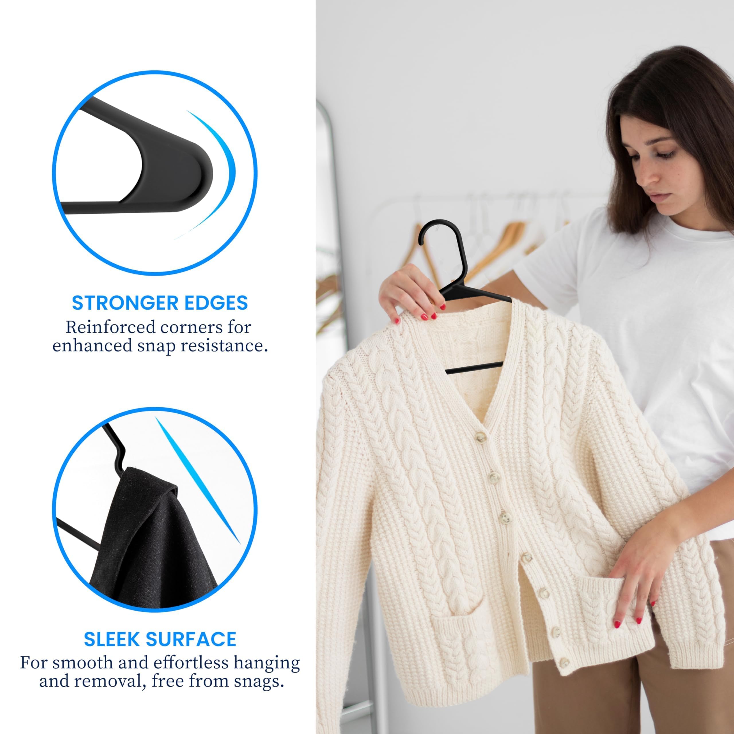 Simple Deluxe 50-Pack Space Saving Plastic Clothes Hangers - Non-Slip Shoulder Notches, Lightweight Slim Design for Coats, Sweaters, Shirts & Pants (Black) - Perfect for Closet Organization & Wardrobe Storage