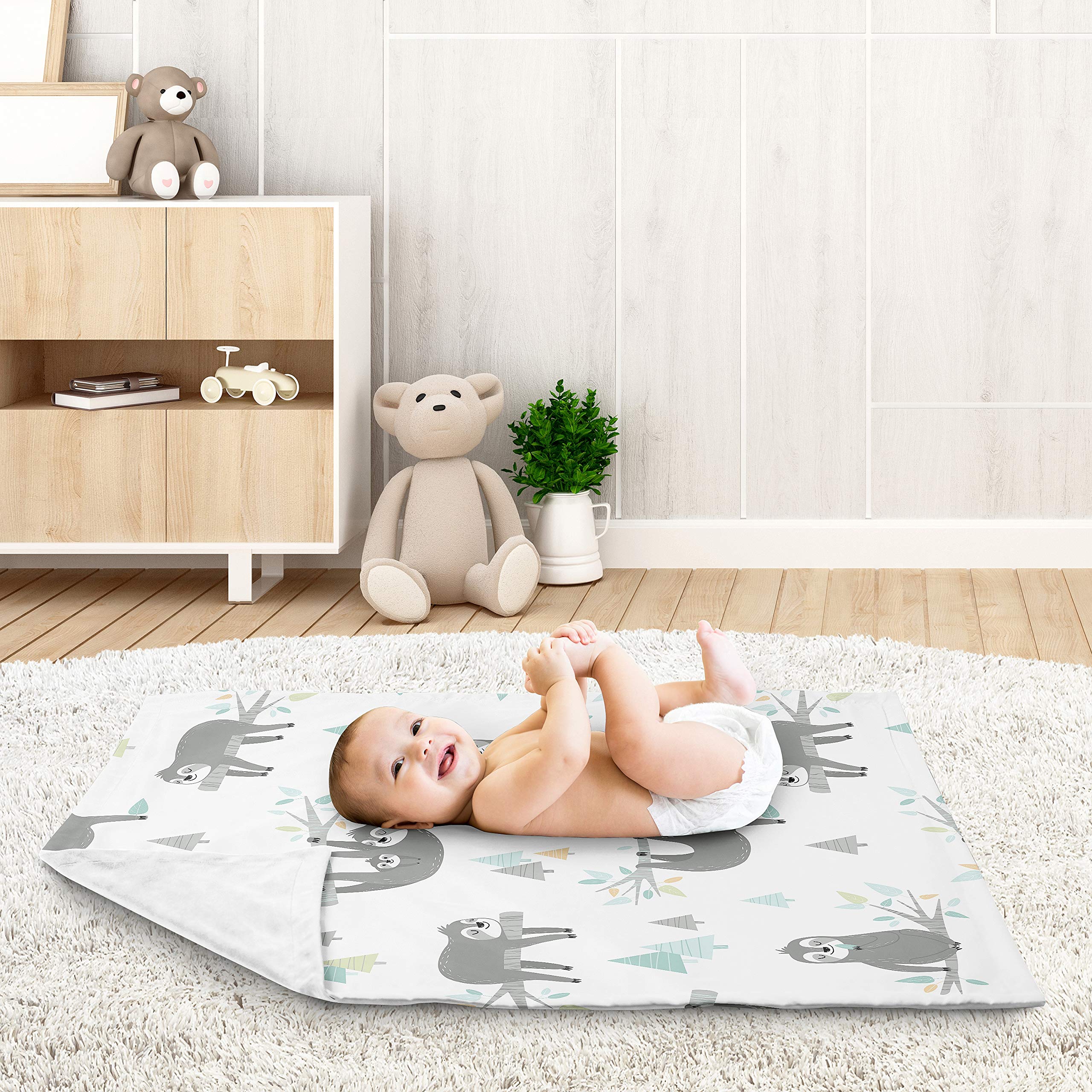 Sweet Jojo Designs Blue Sloth Baby Swaddle Blanket - Soft Minky Security Blanket for Newborn & Toddler, Jungle Leaf Print in Turquoise Grey Green - Perfect for Nursery, Car Seat & Stroller