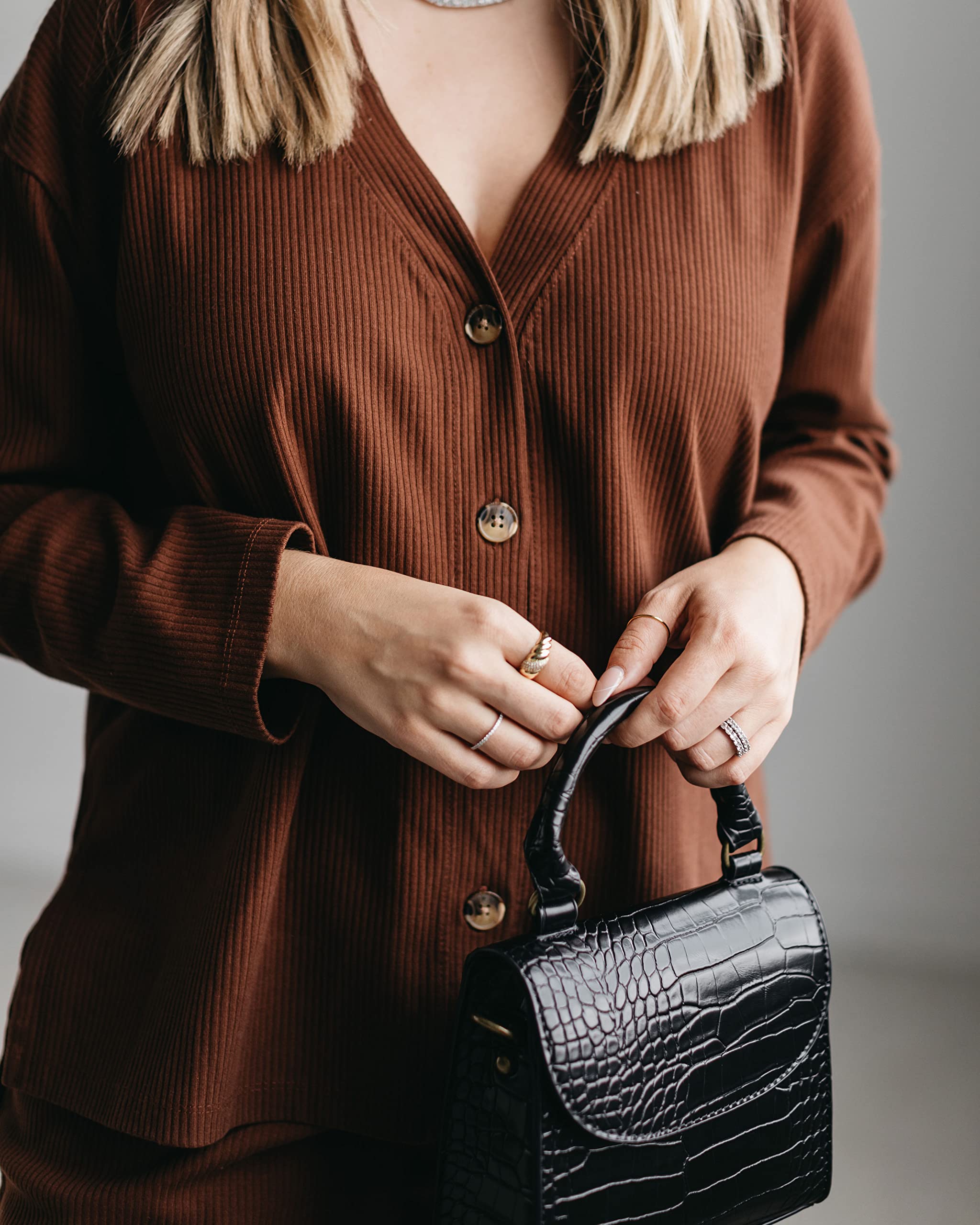 The Drop Women's Chocolate Brown Button Front Ribbed Cardigan Sweater by Ashley Robertson | Cozy Fall & Winter Layering Piece for Work & Casual Outfits