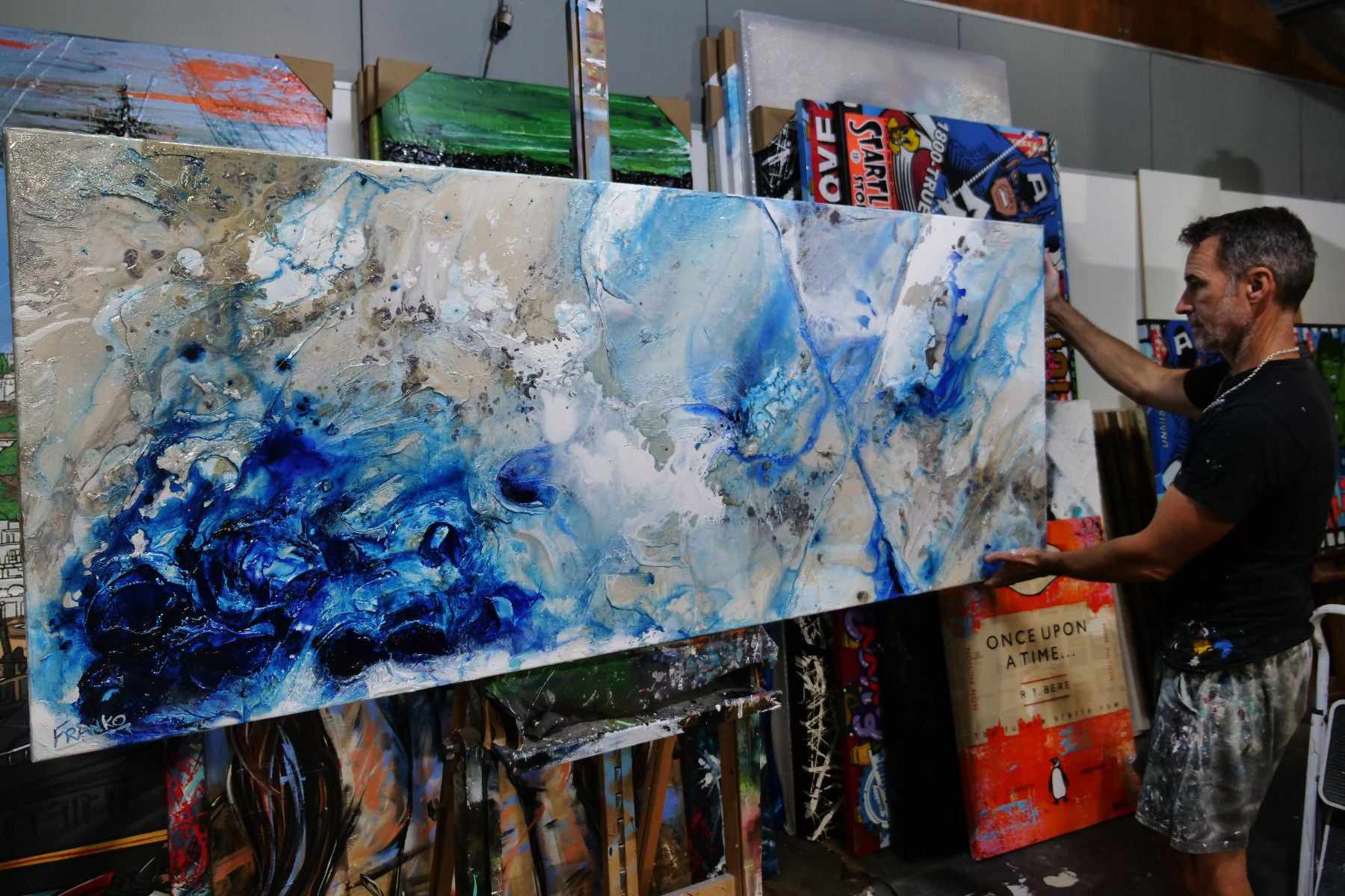 Midnight at the Oasis - 79x31 Inch Cream Blue Textured Abstract Canvas Wall Art - Perfect for Living Room, Bedroom or Office Decor