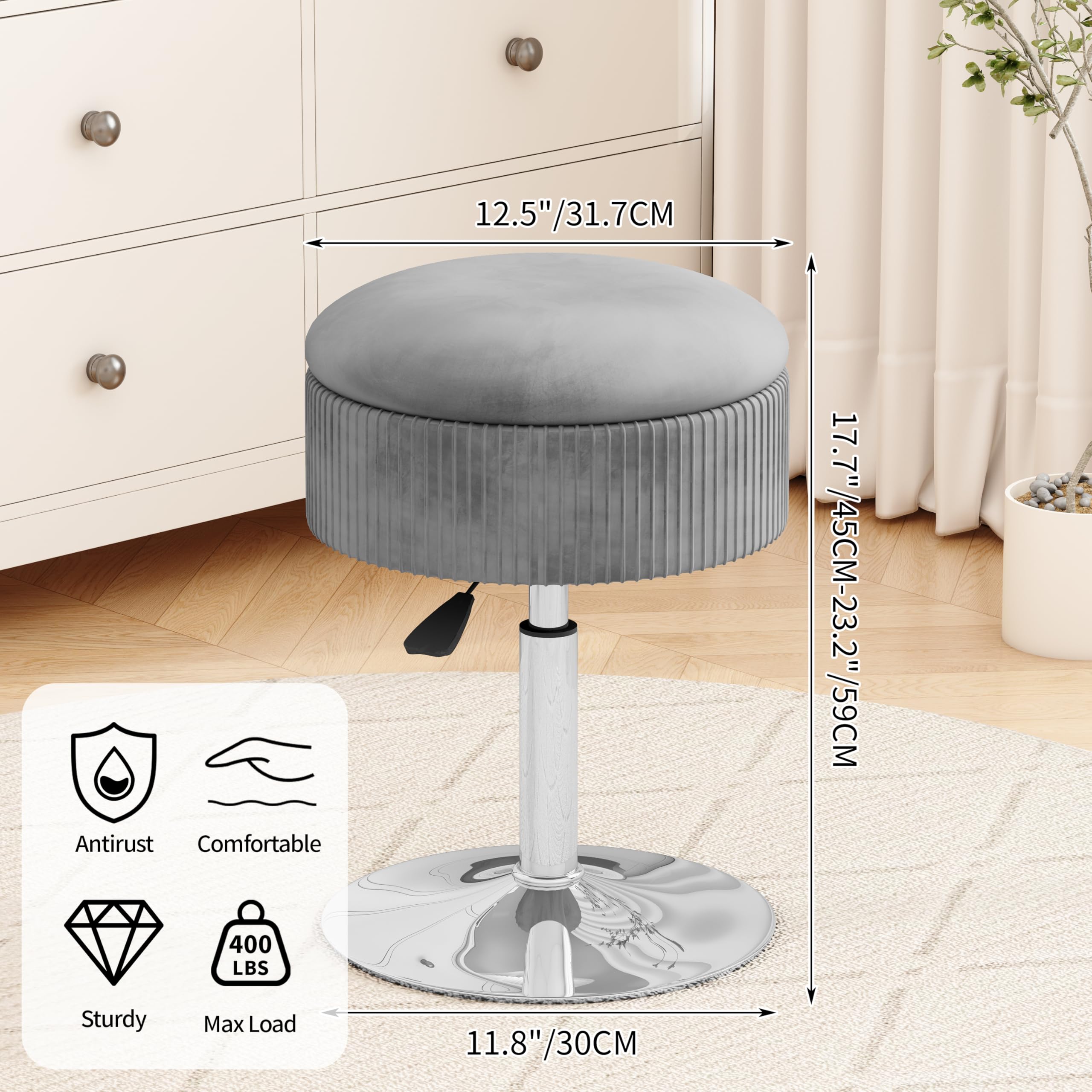 ACEQLYT® 360° Swivel Adjustable Storage Stool - Velvet Round Ottoman Chair for Vanity, Bathroom & Bedroom | Multifunctional Makeup Stool with Hidden Storage | Perfect for Dressing Tables, Small Spaces & Home Decor (Gray)