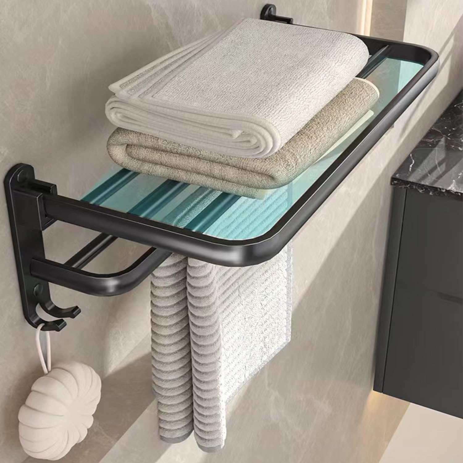 No Drill Foldable Towel Rack - 24 Inch Stainless Steel Wall Mounted Bathroom Towel Holder - Matte Black Space Saving Bathroom Accessories for Small Spaces, Apartments & Dorms - Perfect for Showers, Vanities & Laundry Rooms