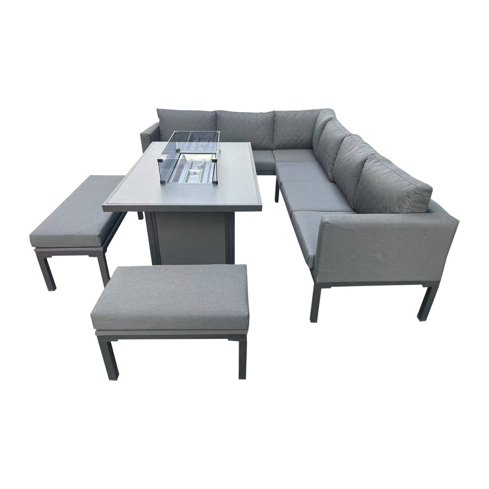 Malaga Grey L-Shaped Luxury Rattan Patio Set with Rectangular Fire Pit Table - Outdoor Furniture for Backyard, Garden & Poolside Relaxation