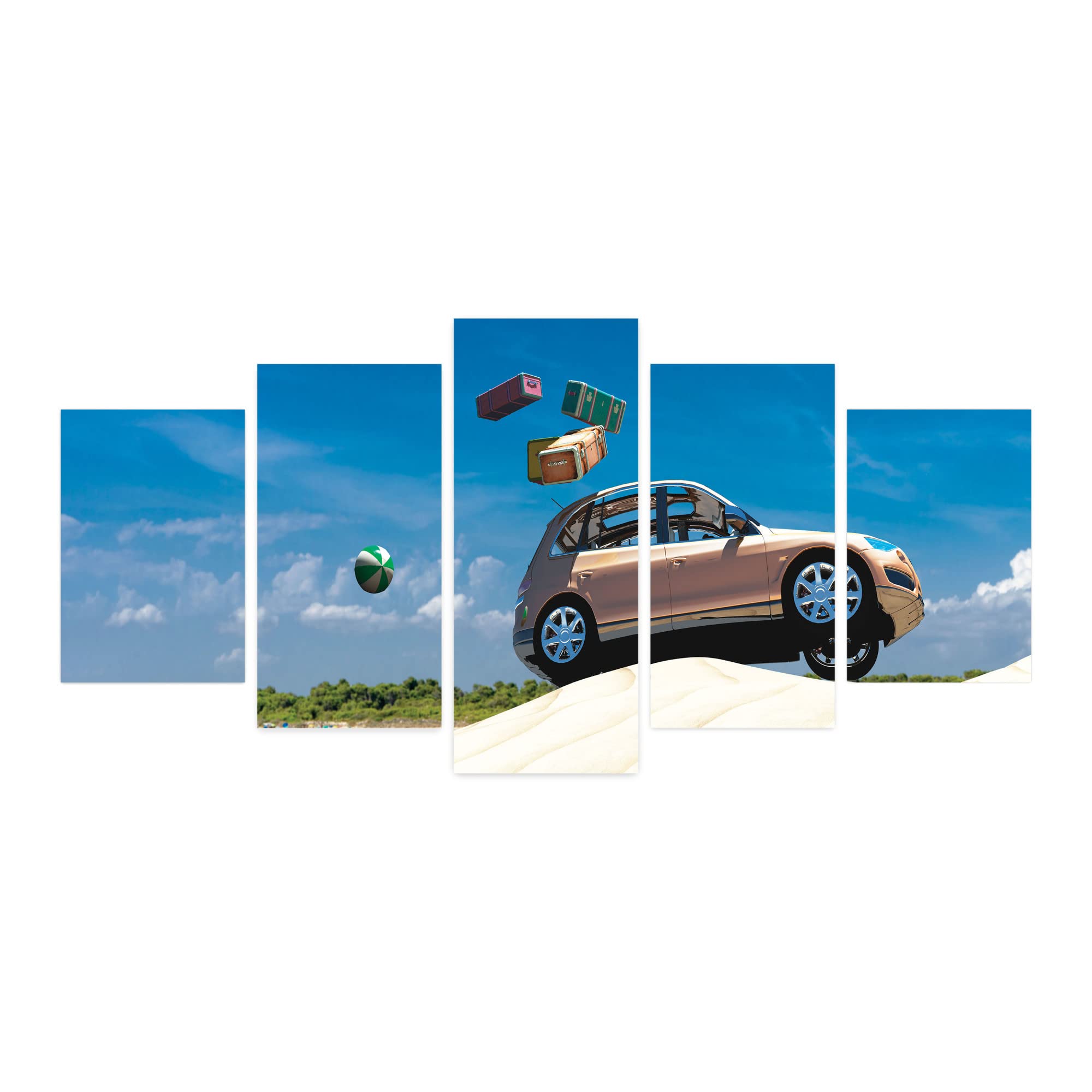 Ambesonne 5-Panel Acrylic Glass Wall Art - Vintage Car Jumping on Sandy Beach with Suitcases, Summer Sky Coastal Print - 60