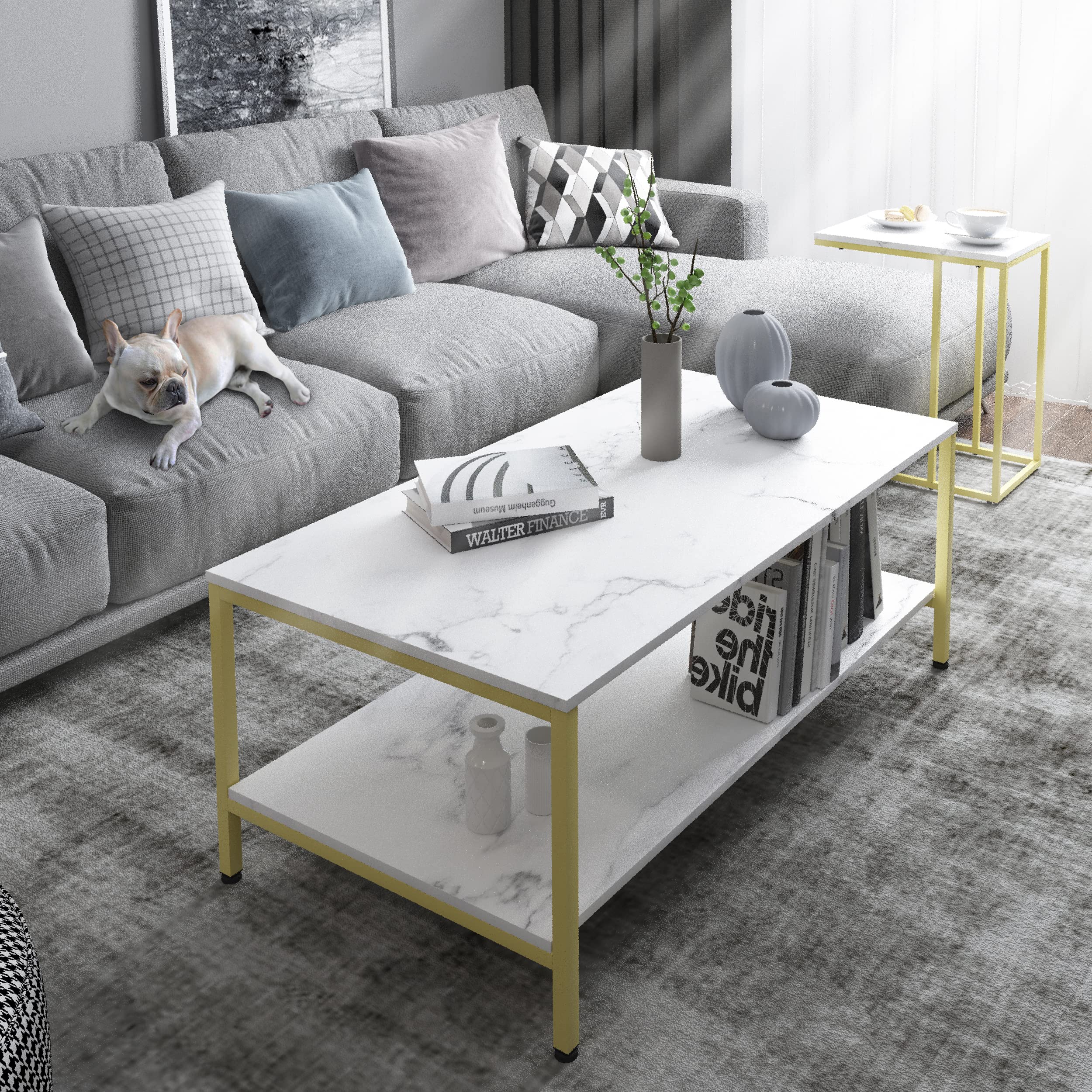 PrimeZone Modern Rectangle Coffee Table with 2-Tier Open Shelf & Gold Metal Frame - White Faux Marble Sofa Table for Living Room - Perfect for Small Spaces, Entertaining Guests & Displaying Decor
