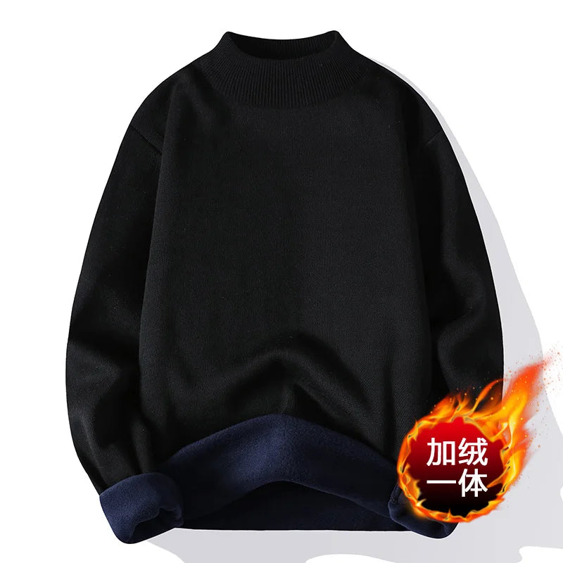 Men's Autumn Winter Knitted Mock Neck Sweater - Thick Fleece Lined Solid Color Casual Pullover | Warm & Stylish for Office, Dating & Outdoor Activities
