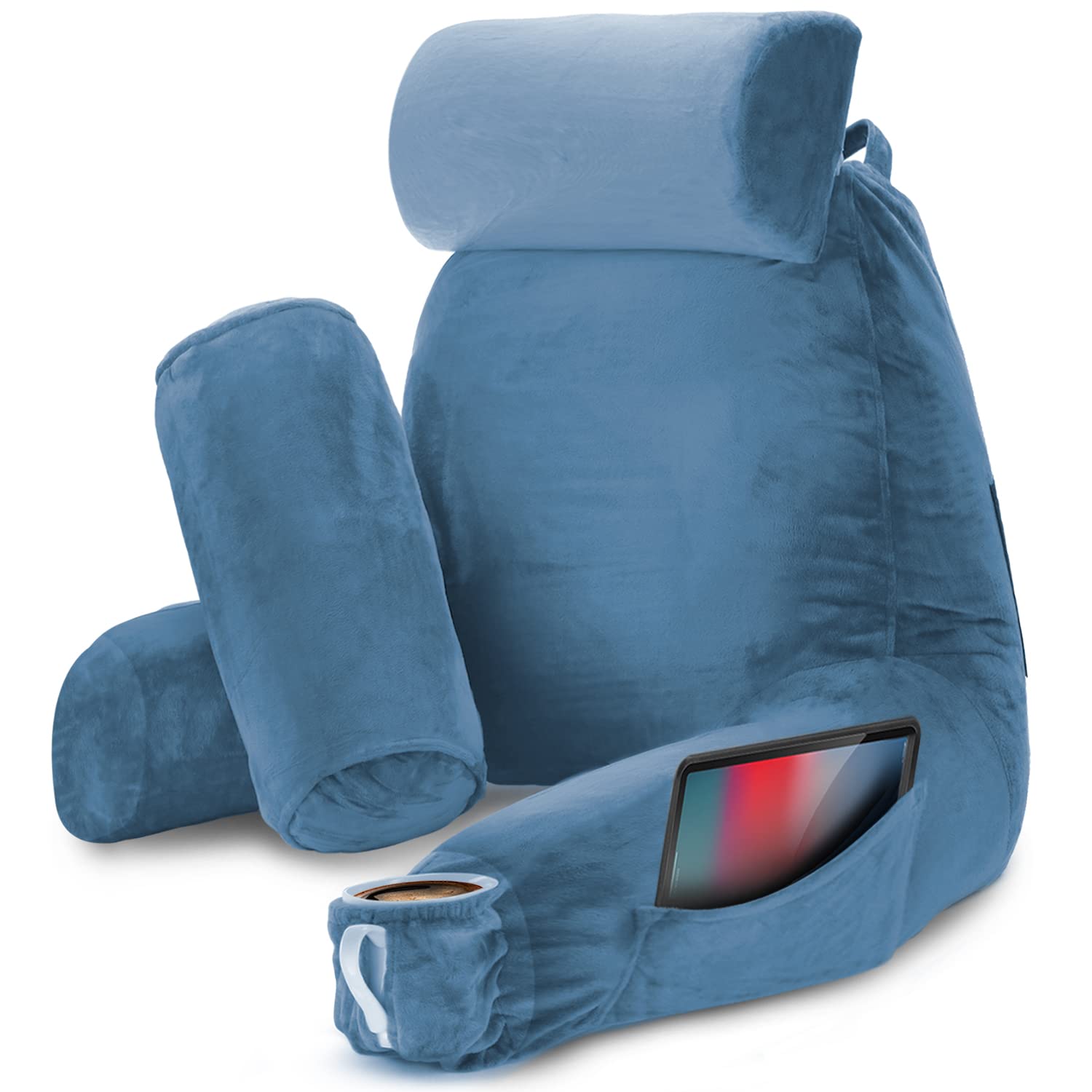Nestl Reading Pillow with Shredded Memory Foam - Large Back Support Pillow for Sitting in Bed, Reading, or Relaxing | Blue Heaven Bed Chair Pillow with Pockets | Perfect for Reading, Watching TV, or Lounging in Bed