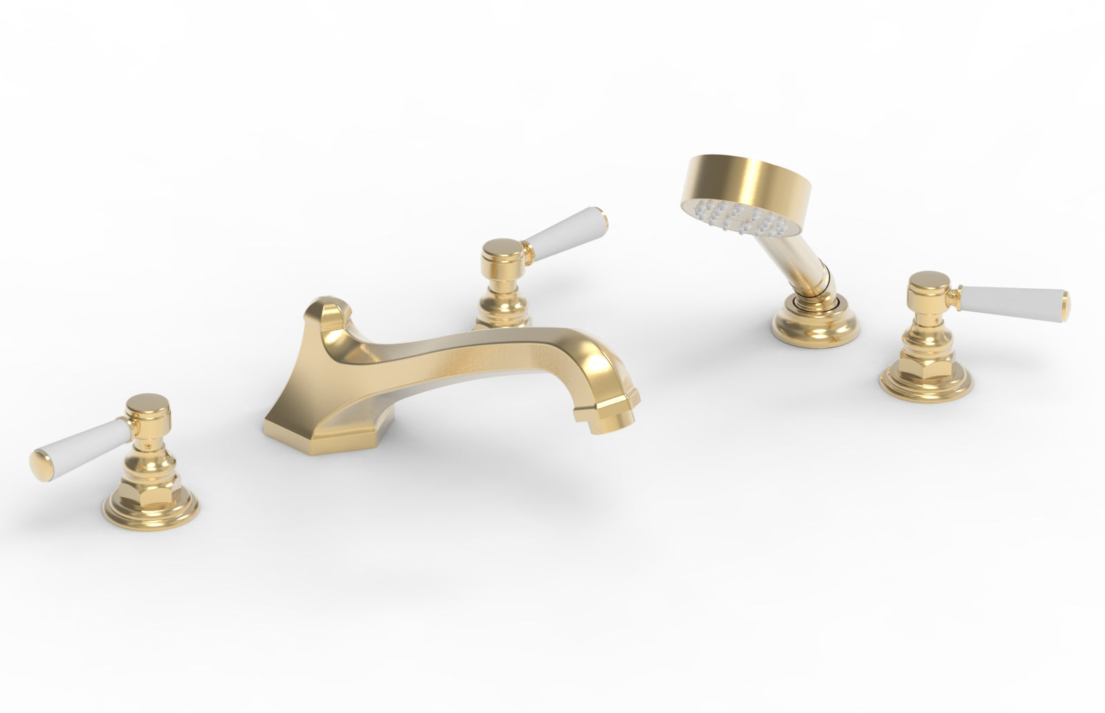 HEX TRADITIONAL Deck Mount Bathtub Faucet Set with Hand Shower - Satin White Finish & Lever Handles (Model 500-49) - Perfect for Modern Bathroom Renovations & Spa-Like Shower Experience