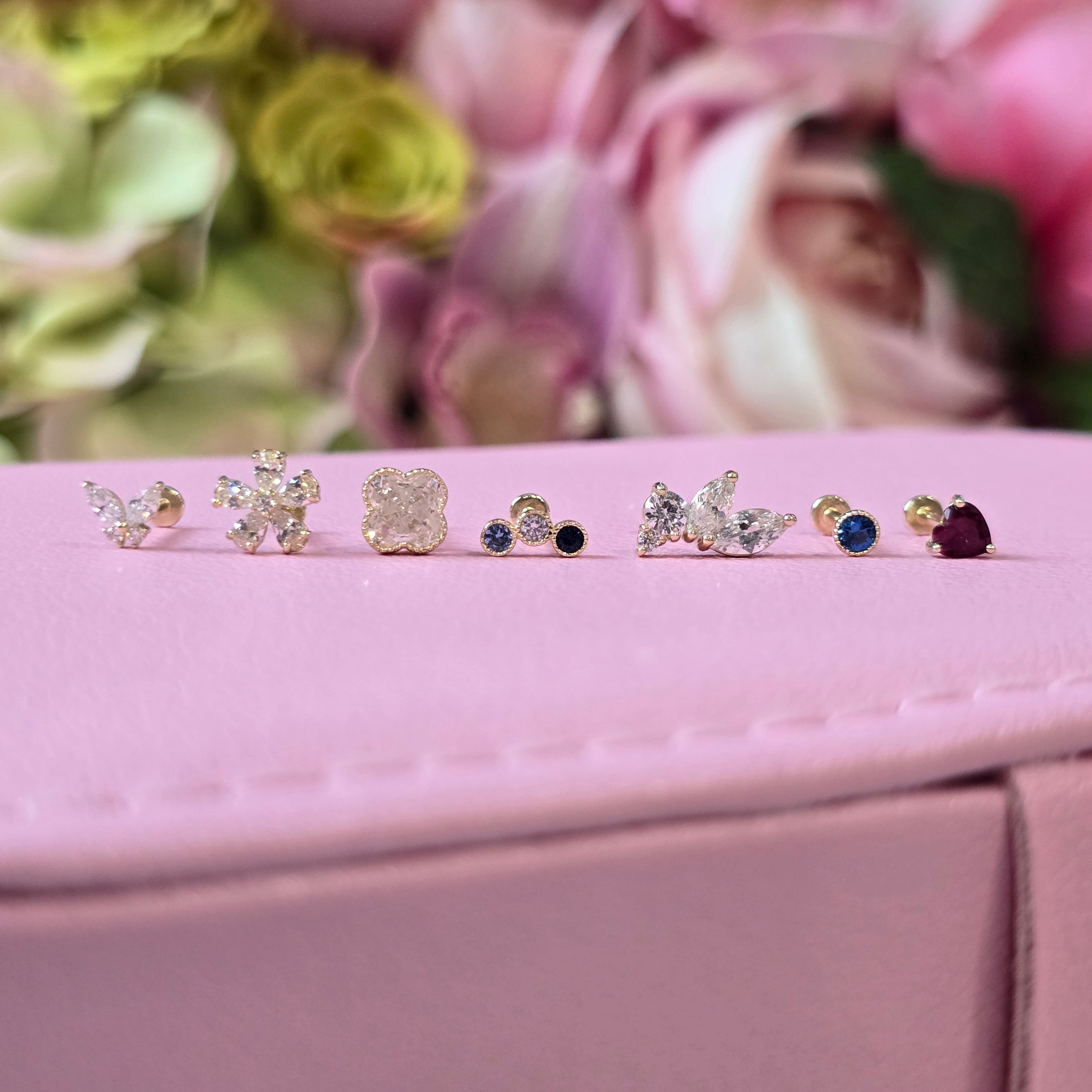 14K Solid Yellow Gold Gemstone Clover Flat Back Stud Earrings with Milgrain Detailing – Perfect for Everyday Wear, Gifts & Special Occasions